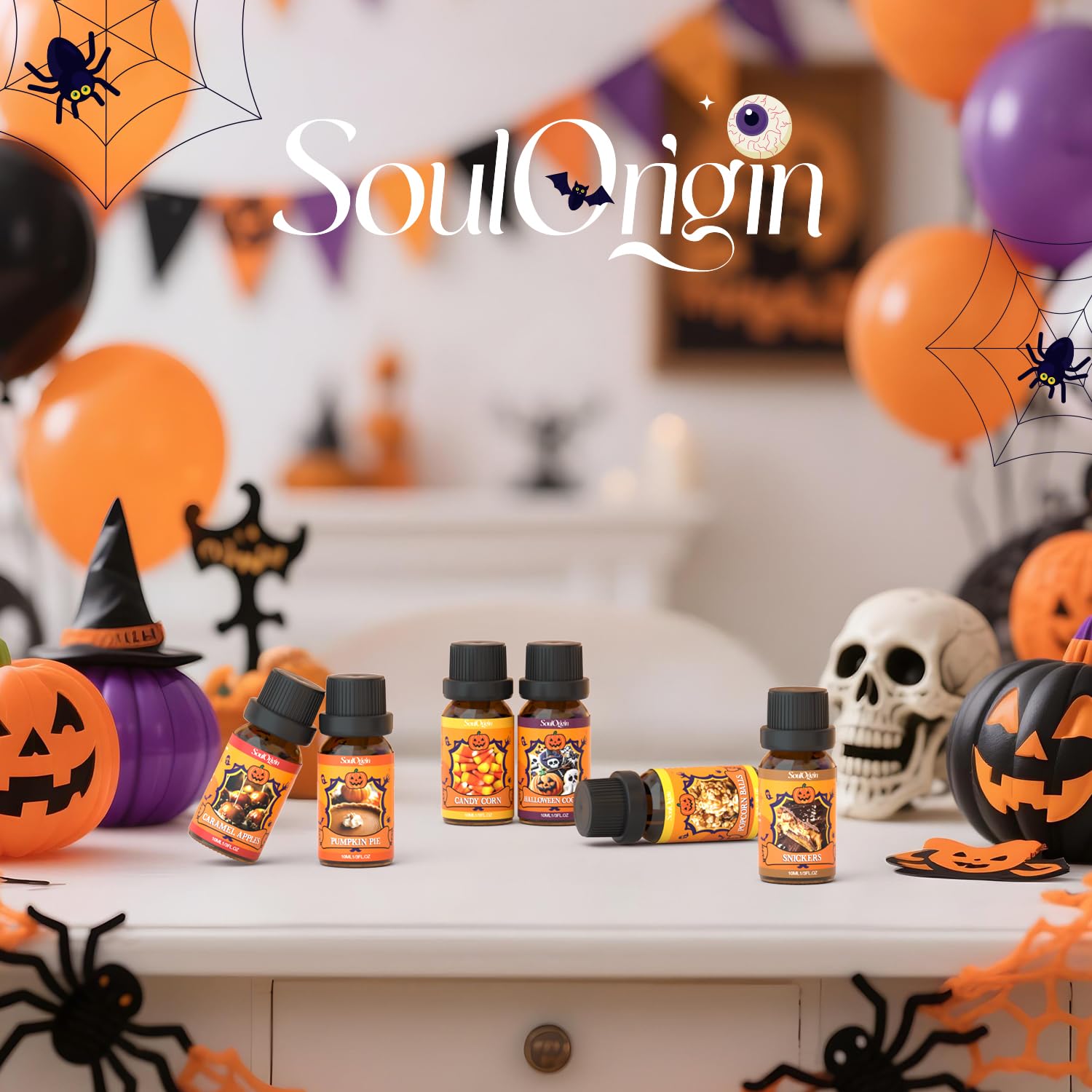 Halloween Essential Oil Set – 6 Frightfully Fun Scents (Caramel Apples, Pumpkin Pie, Candy Corn, Halloween Cookies, Popcorn Balls & Snickers Bars) – Festive Aromatherapy Oils for Candles, Diffusers & DIY Crafts