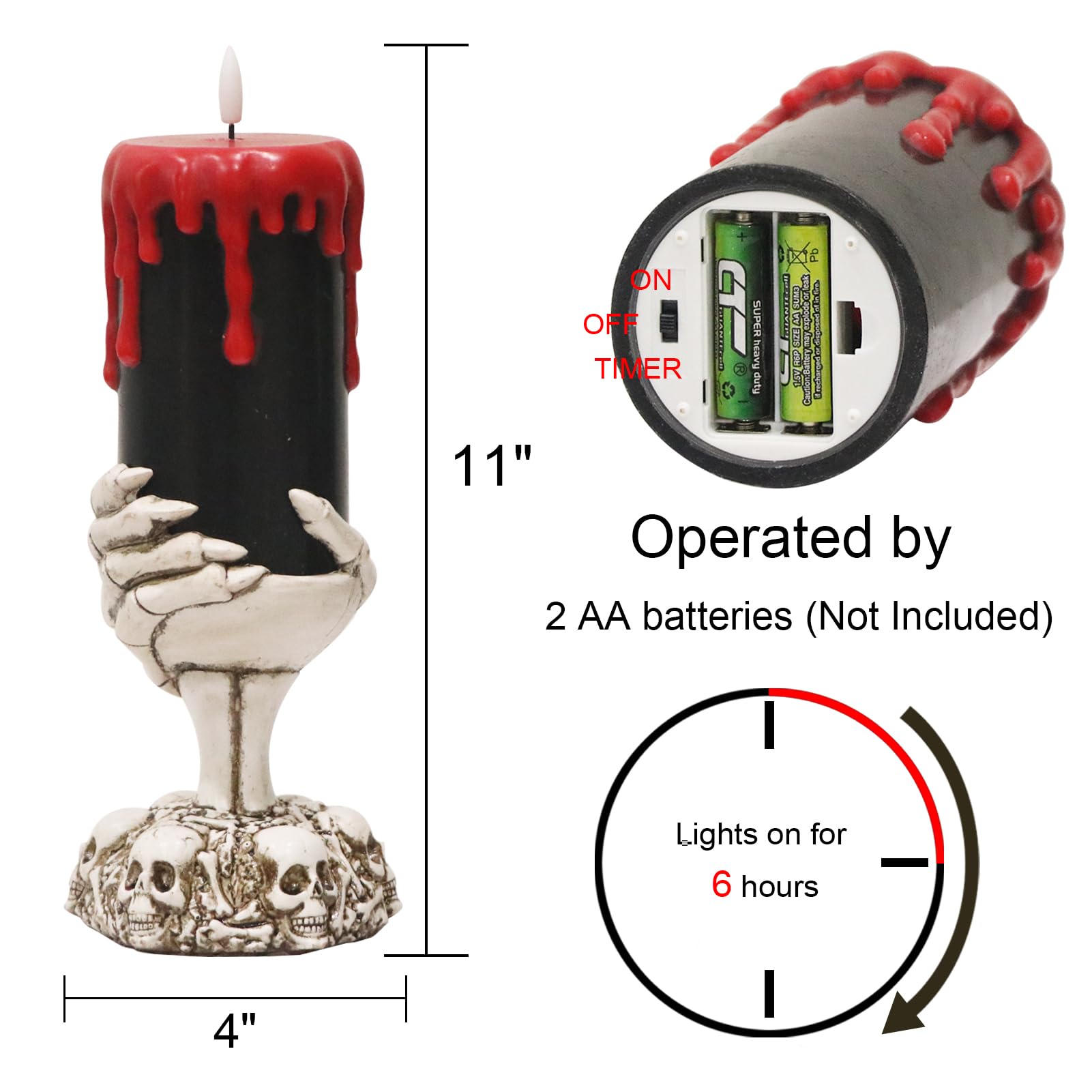 Halloween Blood Dripping Black LED Candles with Skull Hand Holder – Flameless Pillar Candles with Timer, Gothic Horror Tabletop Decoration