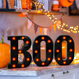 Light-Up “BOO” Marquee Letters – Orange LED Halloween Sign for Indoor Decor (Cordless, Timer, Flicker Mode)