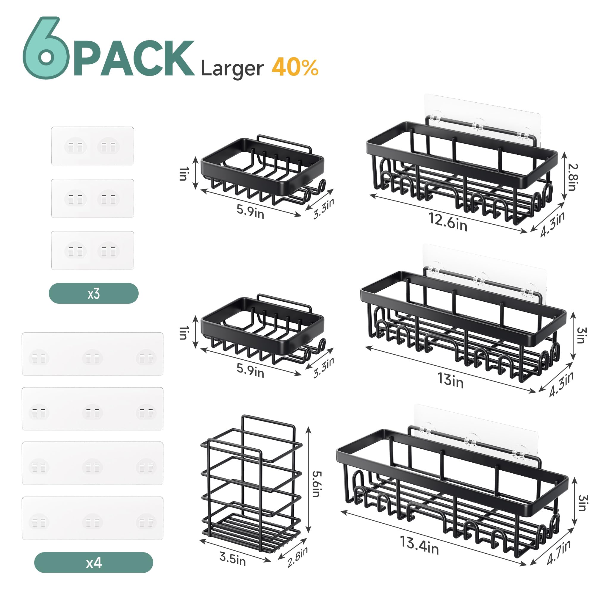 Adhesive Shower Caddy Organizer Set (6-Piece) – Stainless Steel Bathroom Storage with Soap Dish & Toothbrush Holder