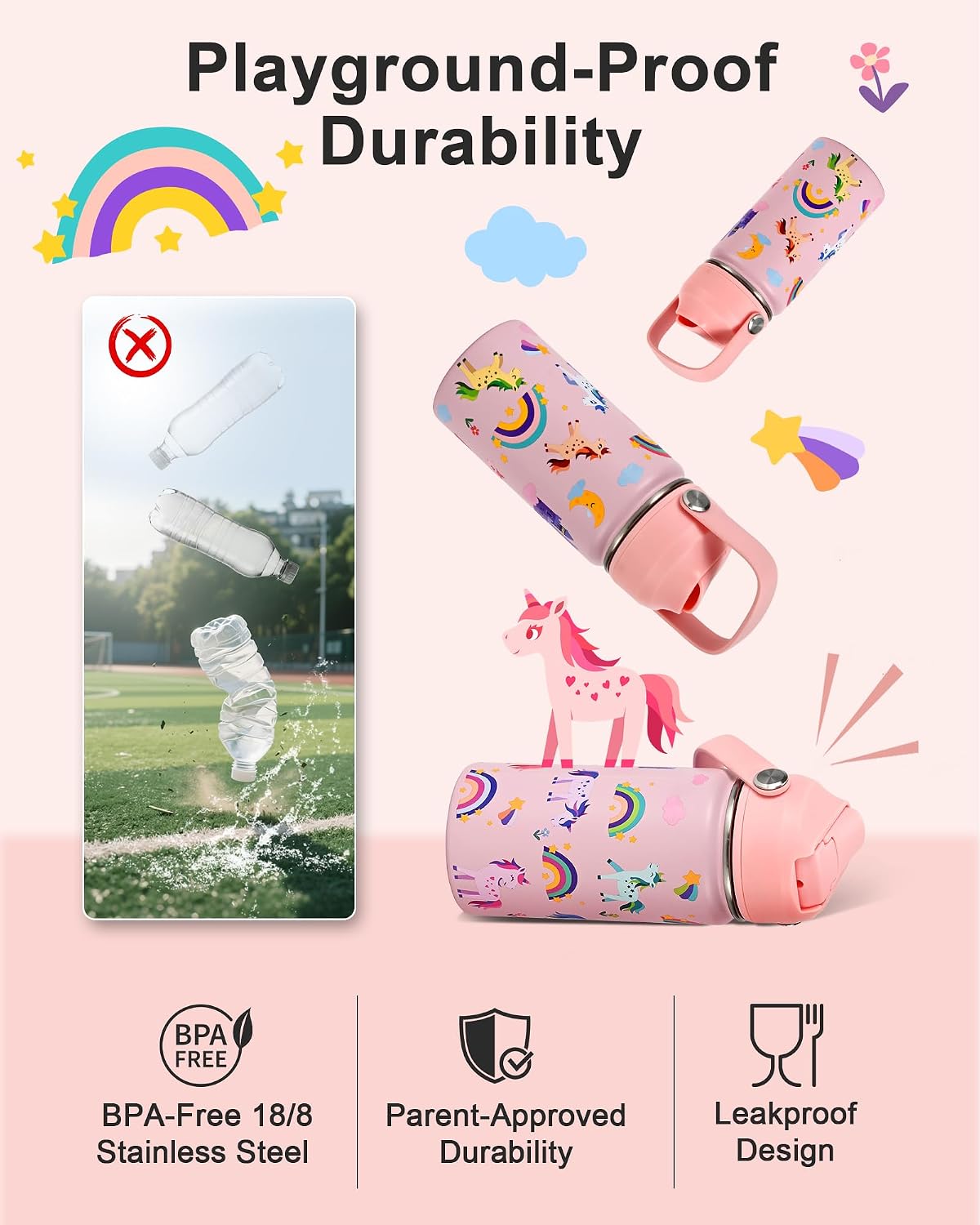 14 oz Kids Insulated Water Bottle with Silicone Straw – Leakproof Stainless Steel School Bottle