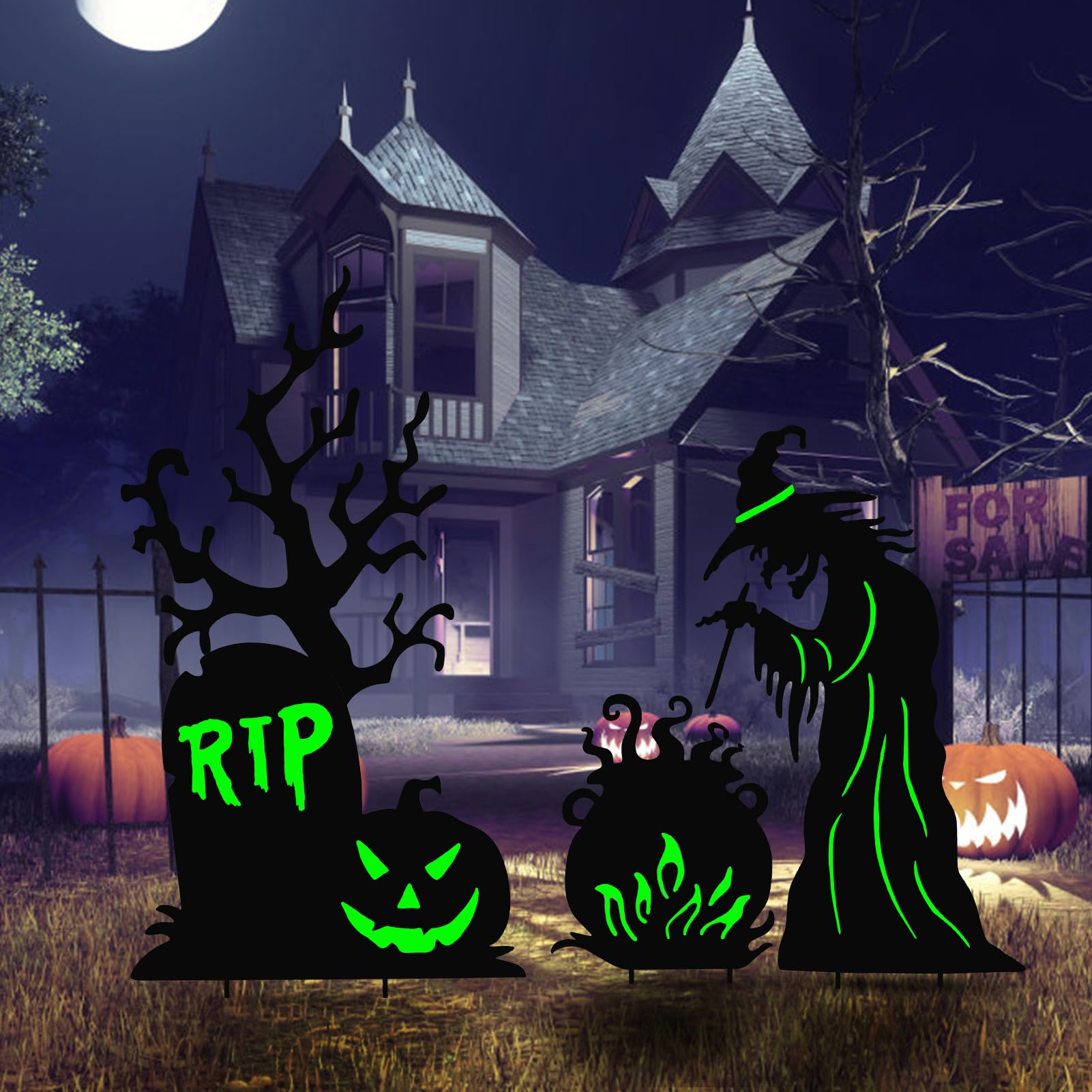 Metal Halloween Yard Stakes – Witch, Tombstone & Cauldron Silhouette Set with Fluorescent Green Glow (Waterproof Outdoor Decor)