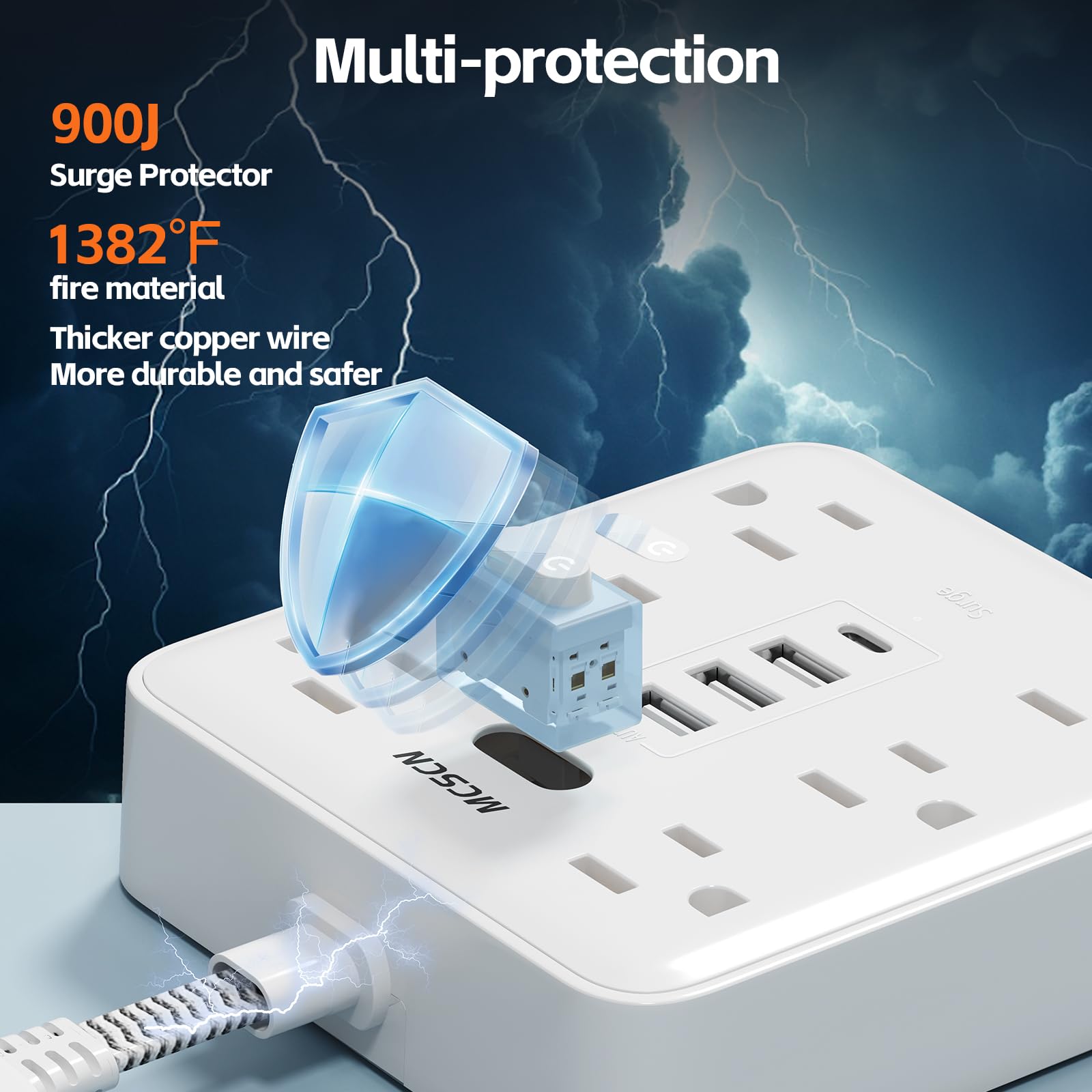 10-in-1 Slim Power Strip with Flat Plug – Surge Protector with 6 AC Outlets & USB-C (White)