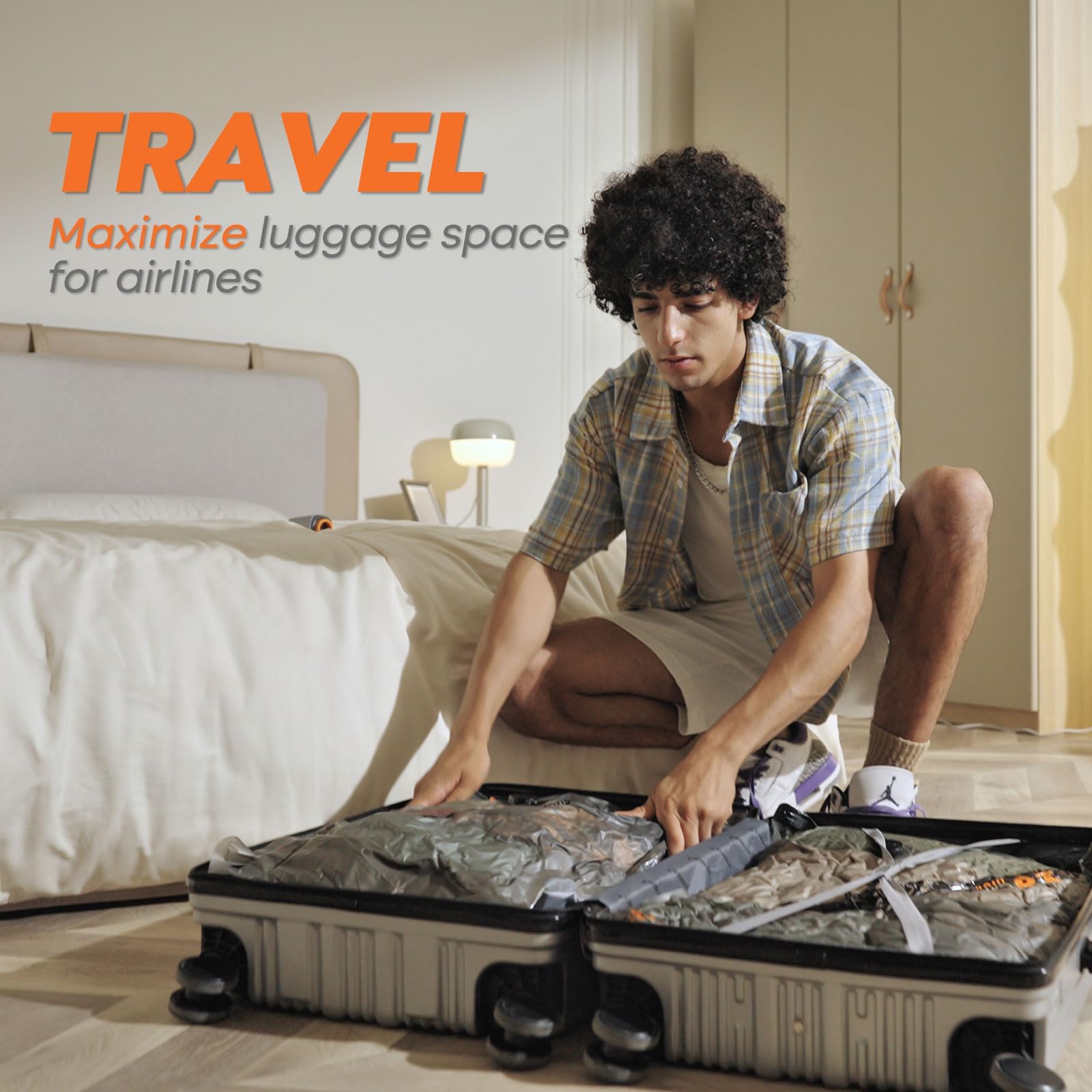 Portable Vacuum Compression Bags with Wireless Pump – Space Saving Travel Storage Bags Set for Clothes & Luggage