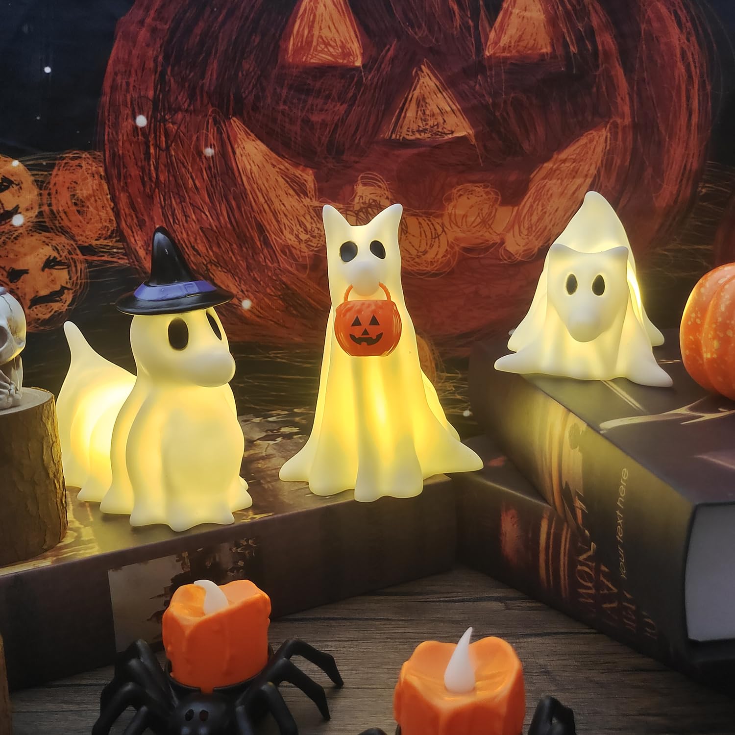 Set of 3 Light-Up Ghost Dogs – Handmade LED Halloween Decorations for Home, Office & Pet Lovers