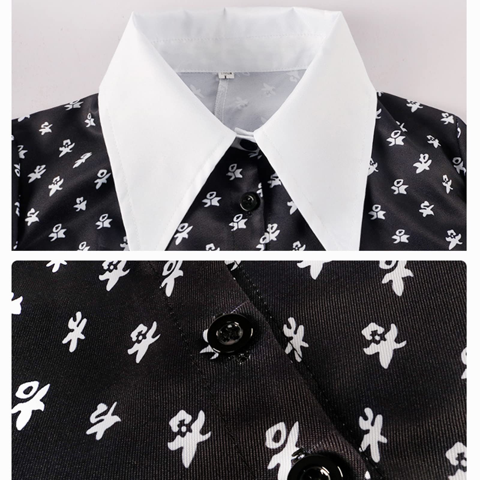 Women’s Black Lapel Dress with White Floral Print – Vintage Gothic Style for Halloween & Daily Wear