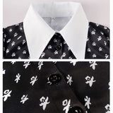 Women’s Black Lapel Dress with White Floral Print – Vintage Gothic Style for Halloween & Daily Wear