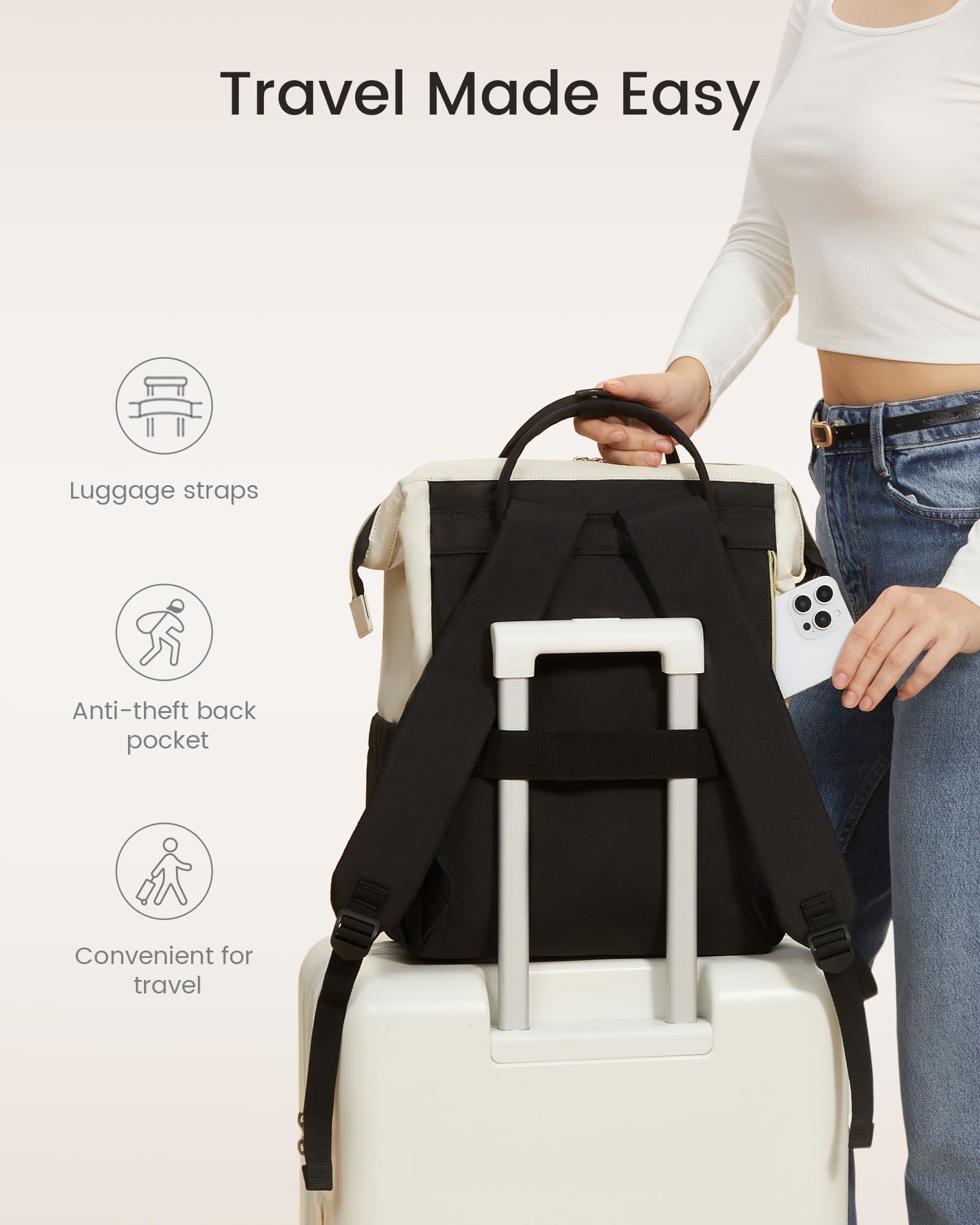 LOVEVOOK Laptop Backpack for Women – 15.6” Large Capacity Waterproof Work, Business & Travel Backpack (Beige-Black)
