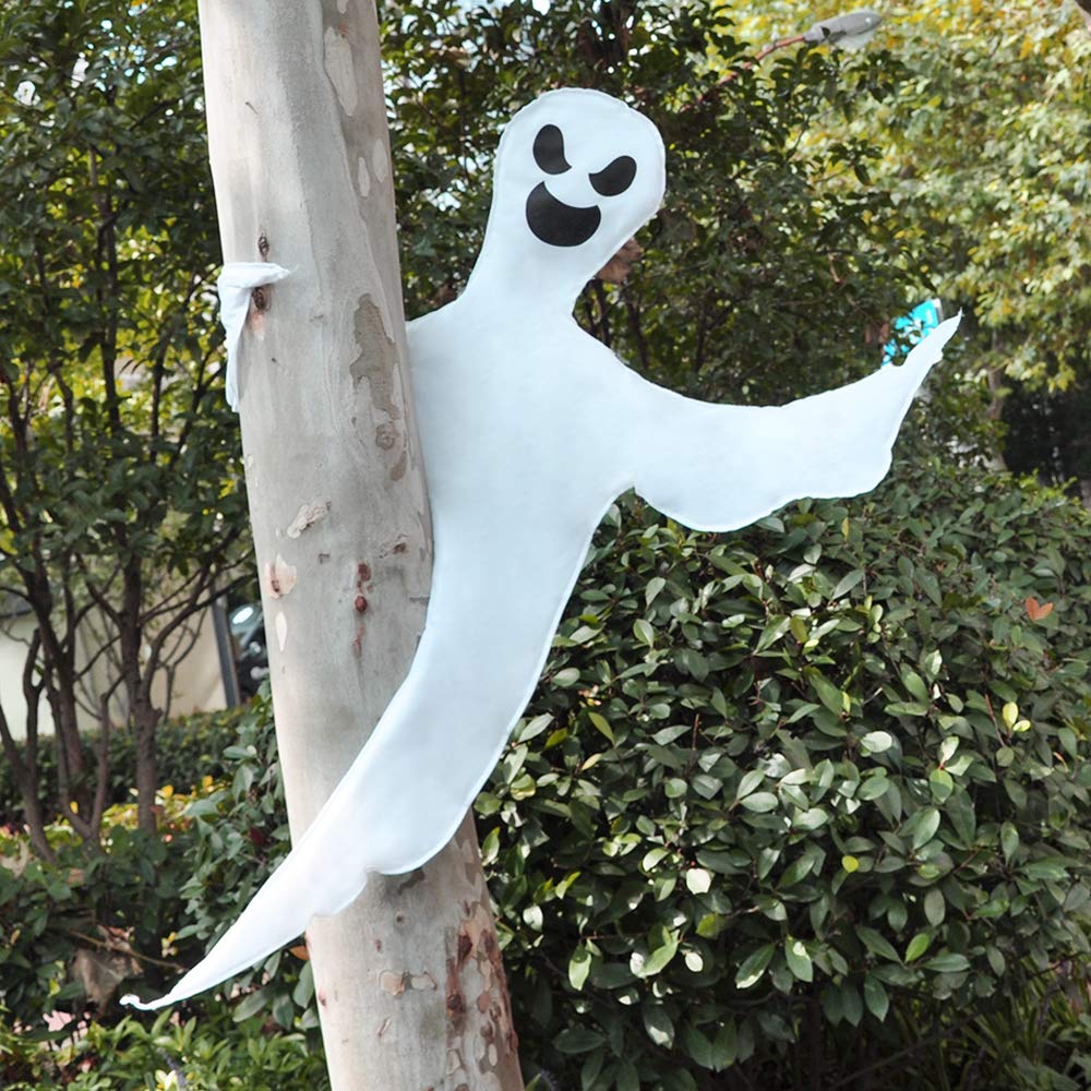 Happy Halloween Tree Ghost Decoration – 53” White Wrap-Around Ghost with Adjustable Arms (Weatherproof Outdoor Decor)
