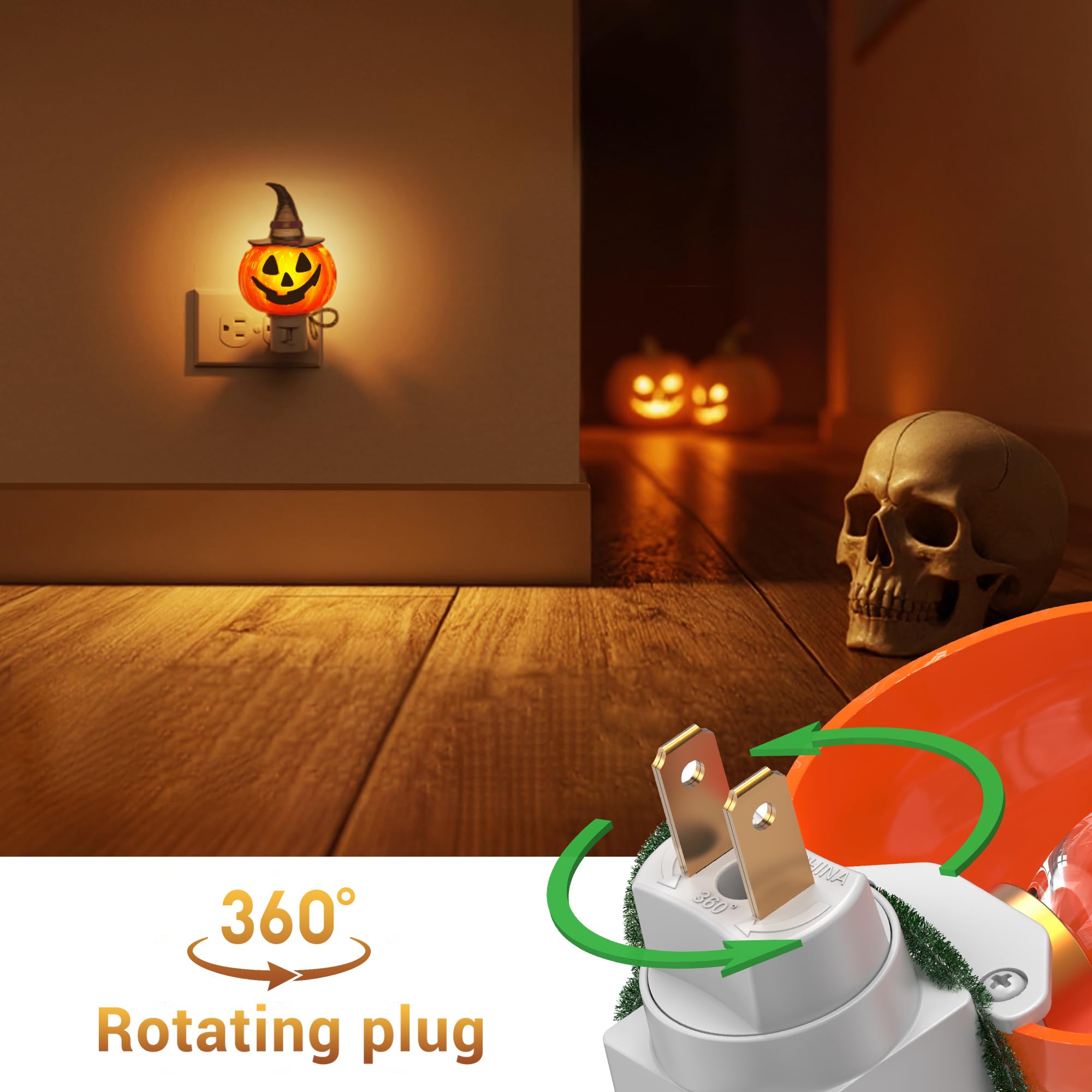 Pumpkin Witch Hat Plug-In Night Light – UL-Certified 0.8W Amber Glow with 360° Rotatable Plug & Replaceable E12 Bulb (Halloween Indoor Décor)
