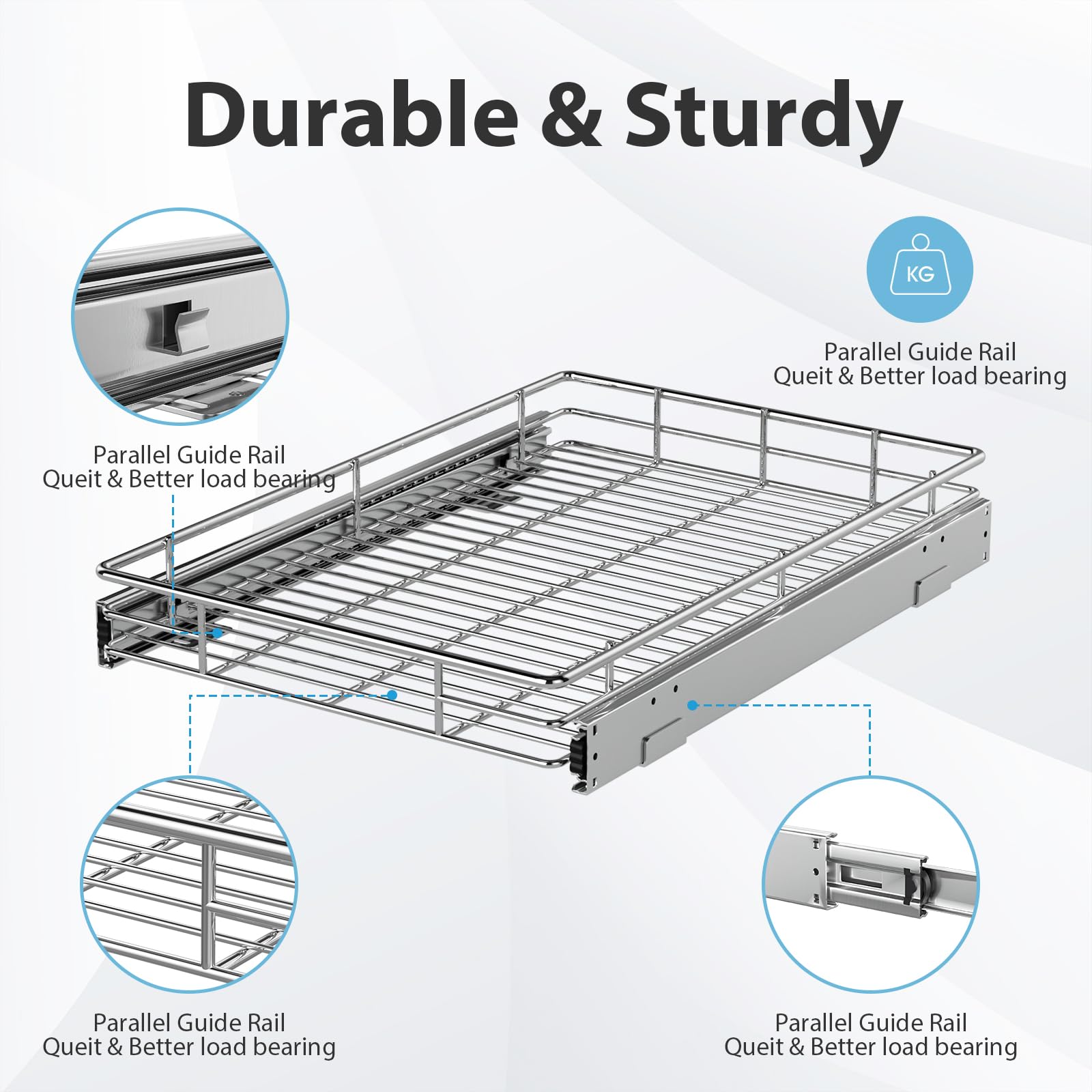 Heavy-Duty Pull-Out Cabinet Organizer – Chrome Slide-Out Drawer Basket for Kitchen Storage (14.8” W x 21” D)