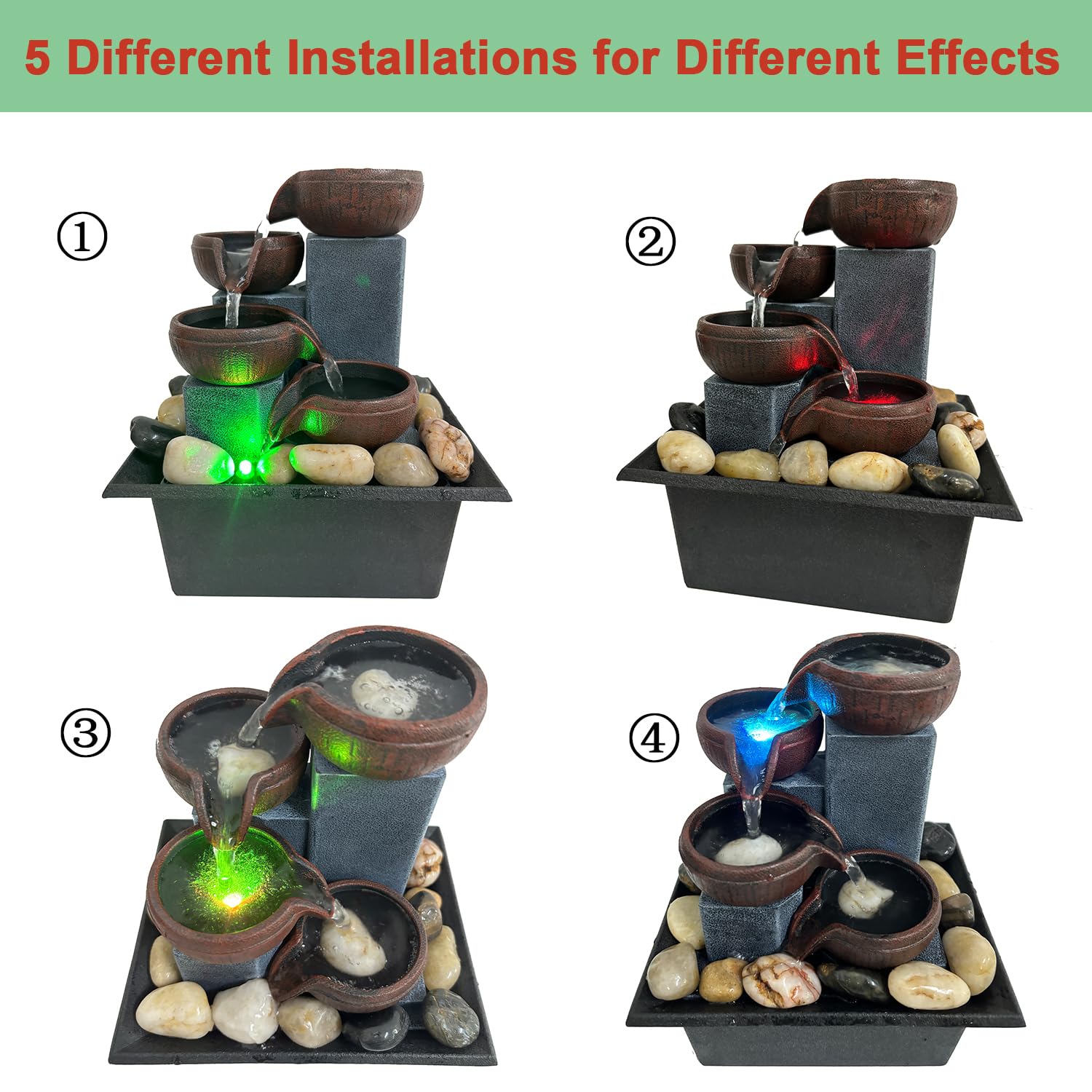 LED Mini Desktop Waterfall Fountain with Natural River Stones & ON/OFF Switch – Style 1