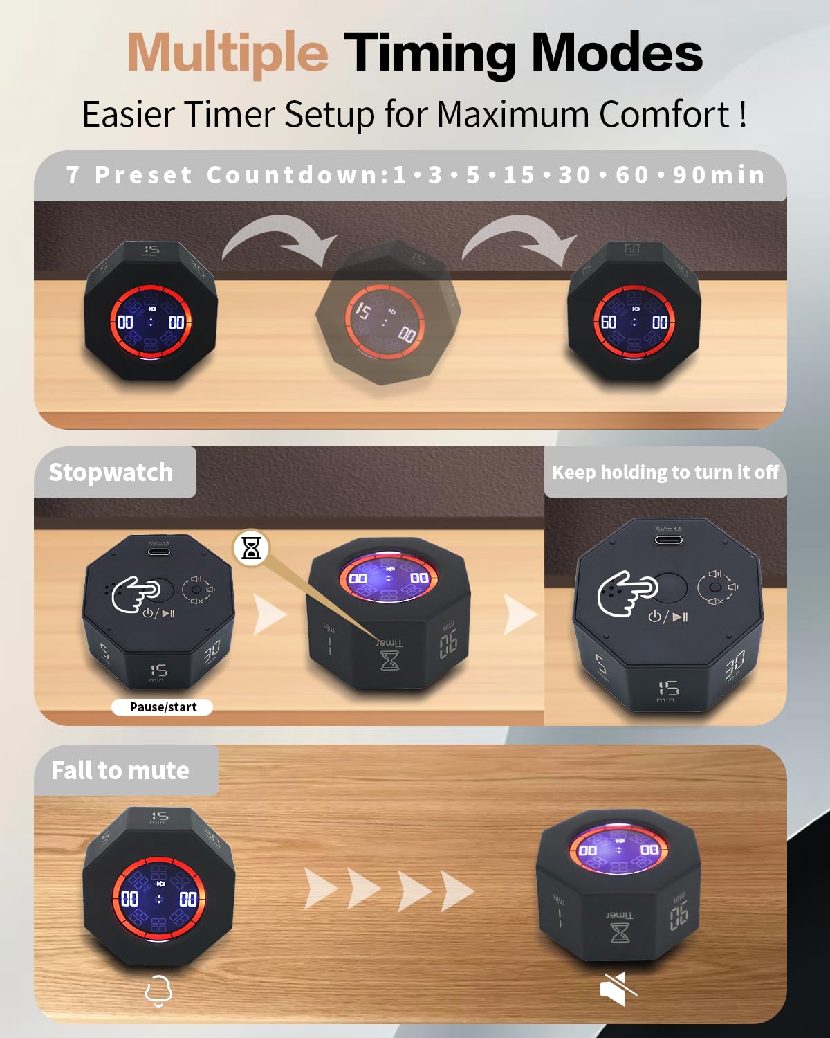 Octagon Pomodoro Timer with Gravity Sensor, Preset 1–90 Min, Pause & Resume, Custom Countdown & Stopwatch, Rechargeable Focus Timer for Work, Study & Kitchen – Black