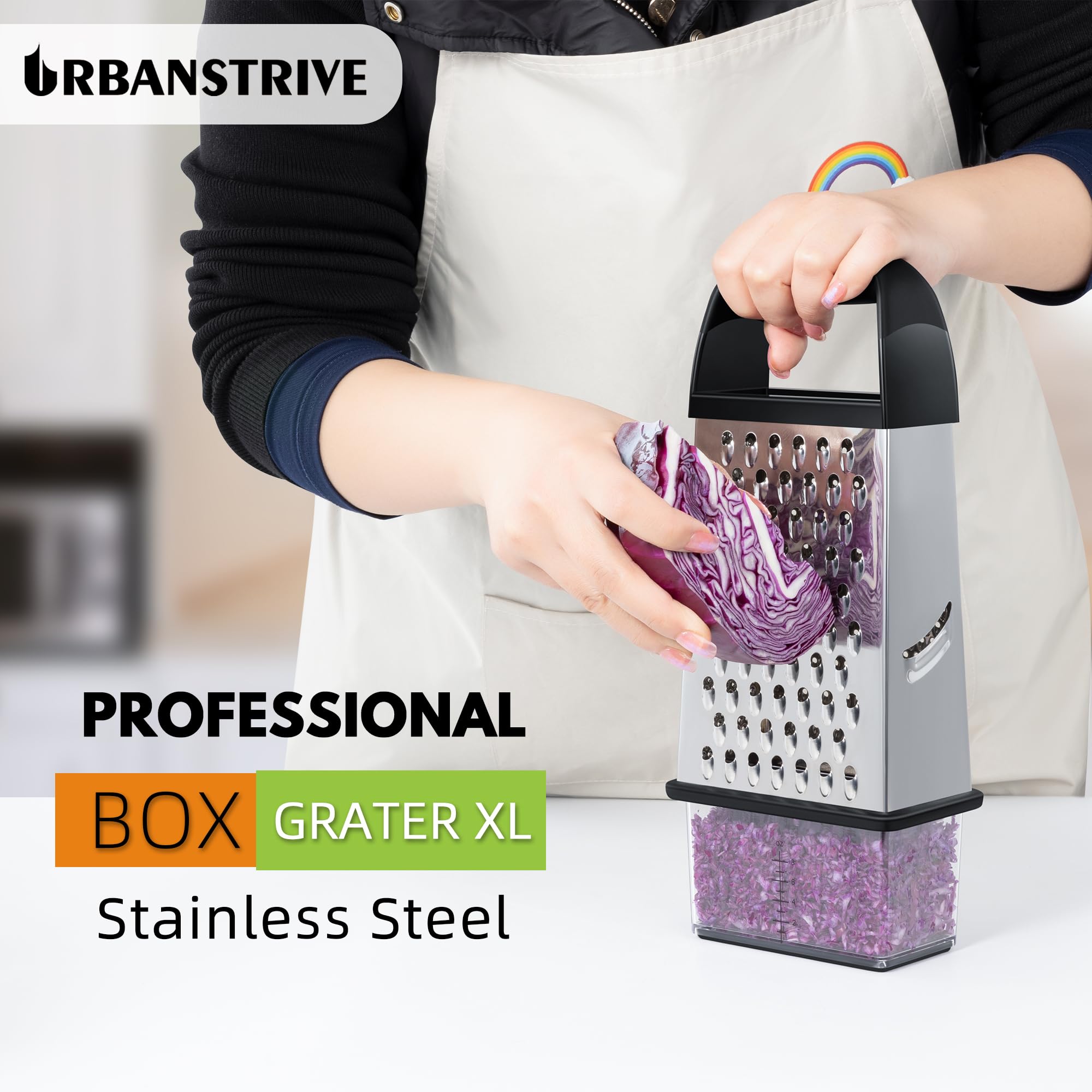 Heavy-Duty Stainless Steel Box Grater with Container – 4-Sided Sharp Blades & Non-Slip Base