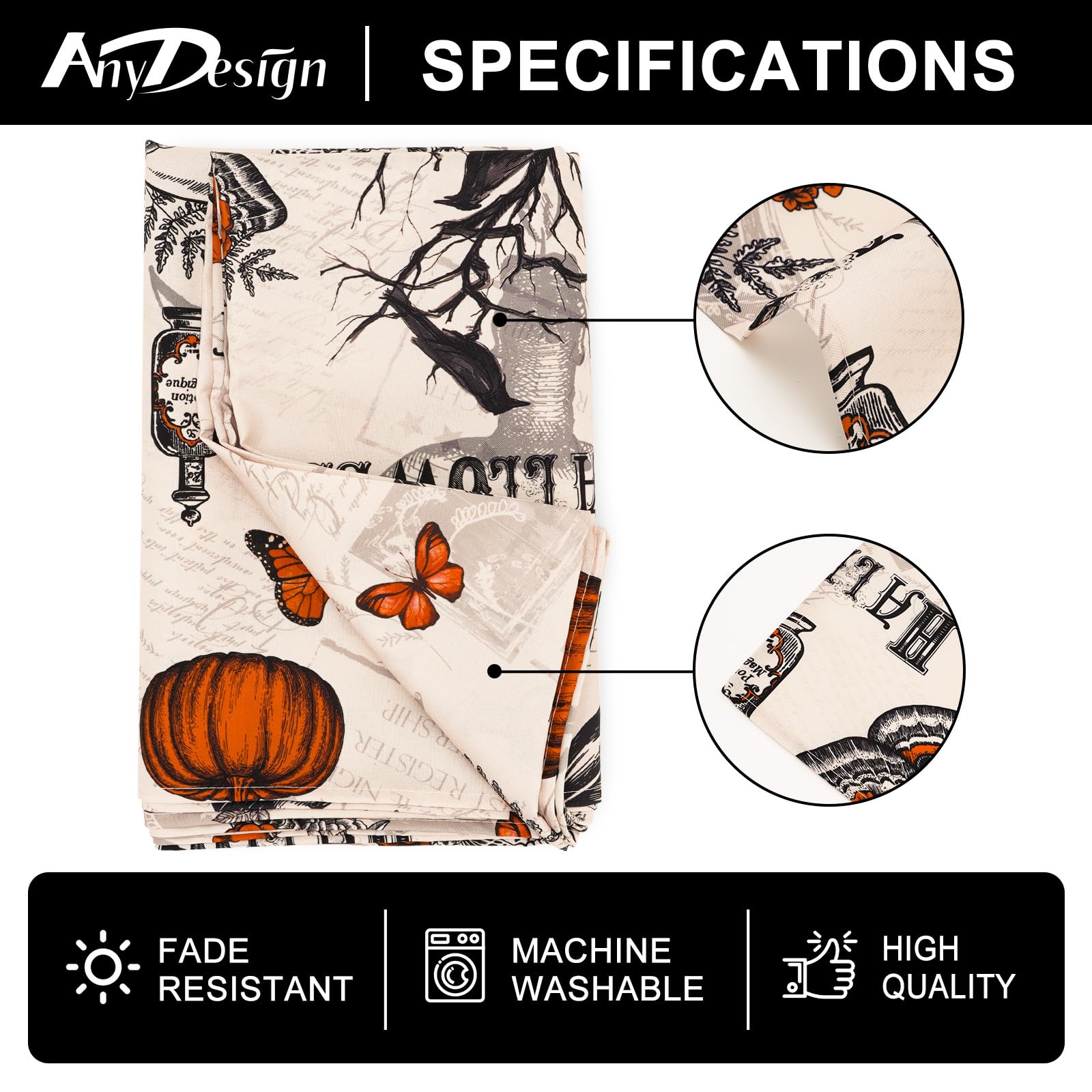 Halloween Gothic Tablecloth – Vintage Skull, Bat, Pumpkin & Rose Polyester Cover (60" x 104")