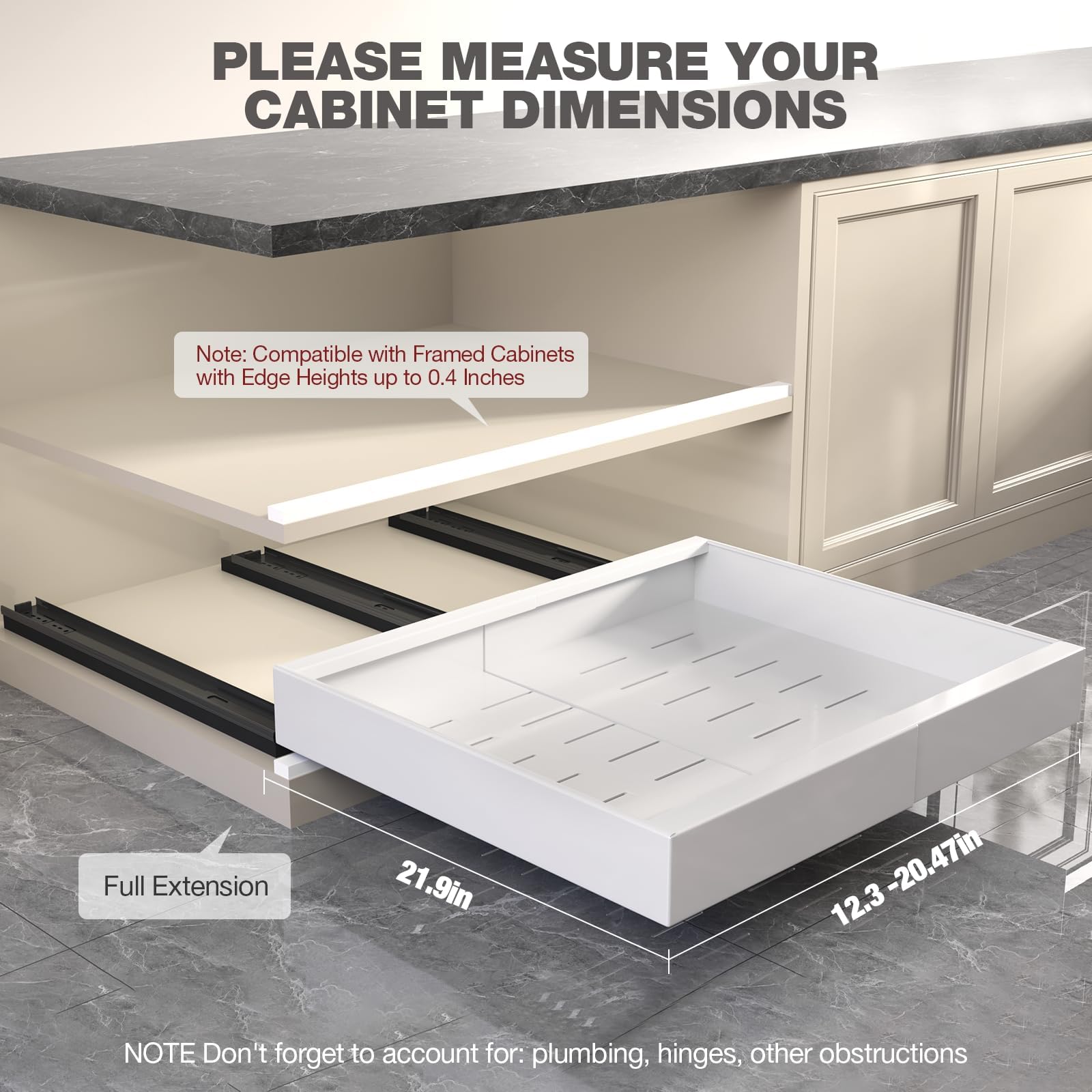 Full-Extension Pull-Out Cabinet Organizer – 22” Deep Adjustable Slide-Out Drawer with 3 Rails (White, 2-Pack)