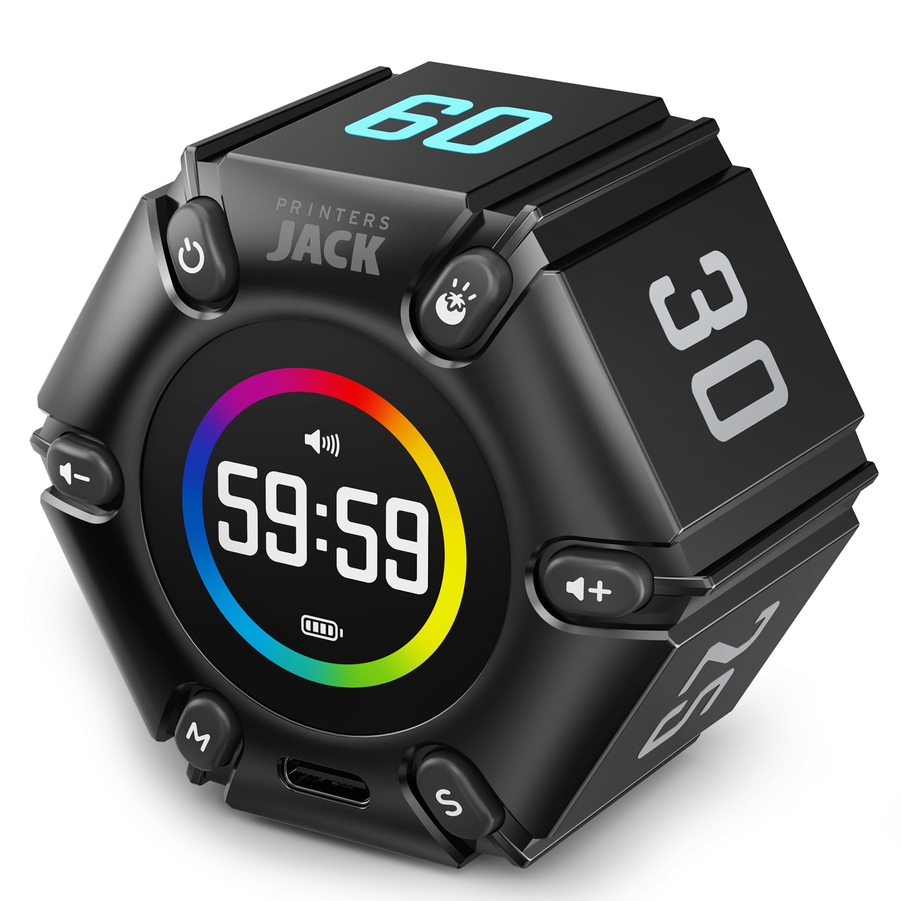 JACK Pomodoro Timer Productivity Cube with Visual Display, 3-5-10-25-30-60 Min Presets, Mute/Vibration/Sound Alerts, Rechargeable Focus Timer for Office, Study & ADHD – Real Black
