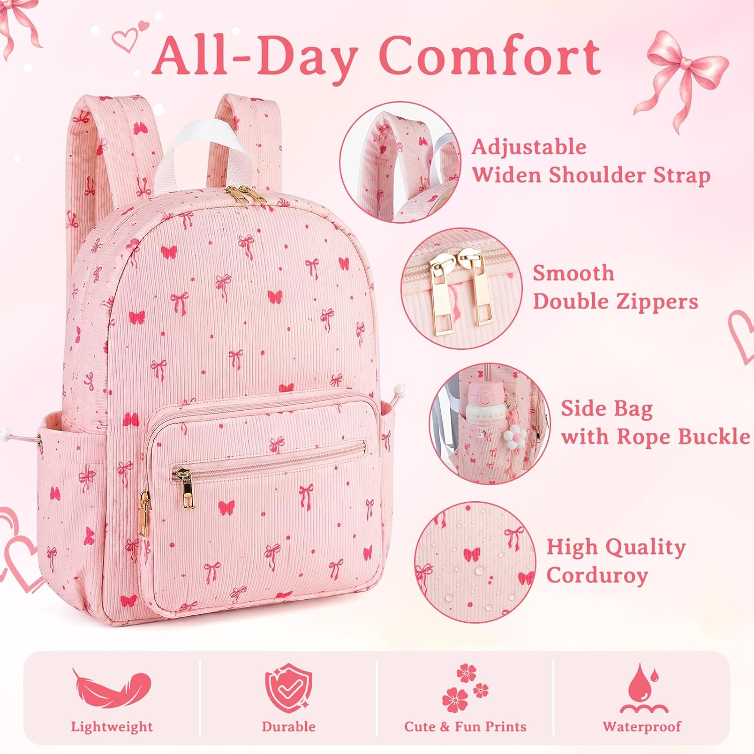 Pink Bow Corduroy Backpack Set with Lunch Bag