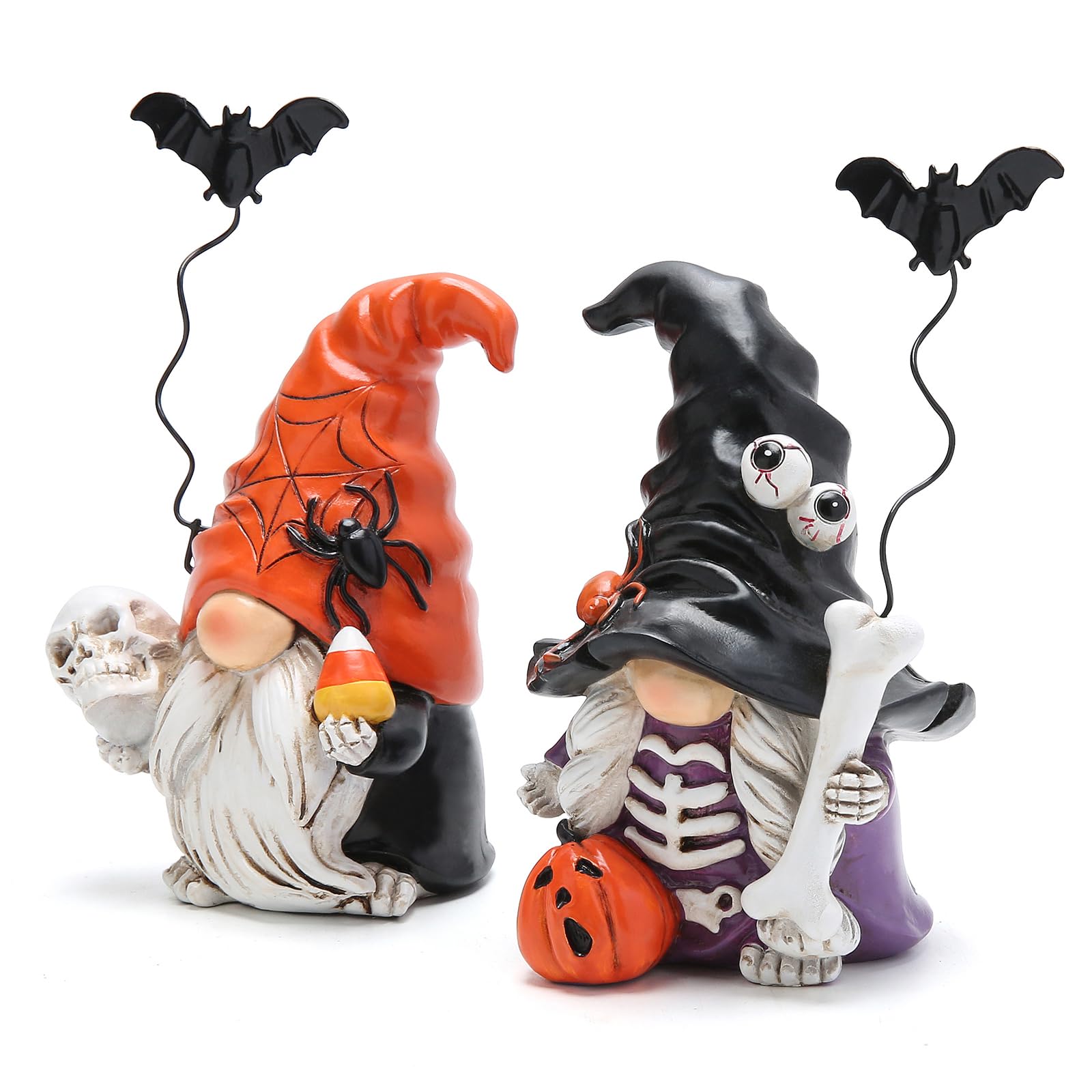 Hodao Halloween Gnome Duo – 2pcs Handcrafted Spooky Figurines with Skeleton Details, Pumpkins & Spider Hats for Indoor Décor