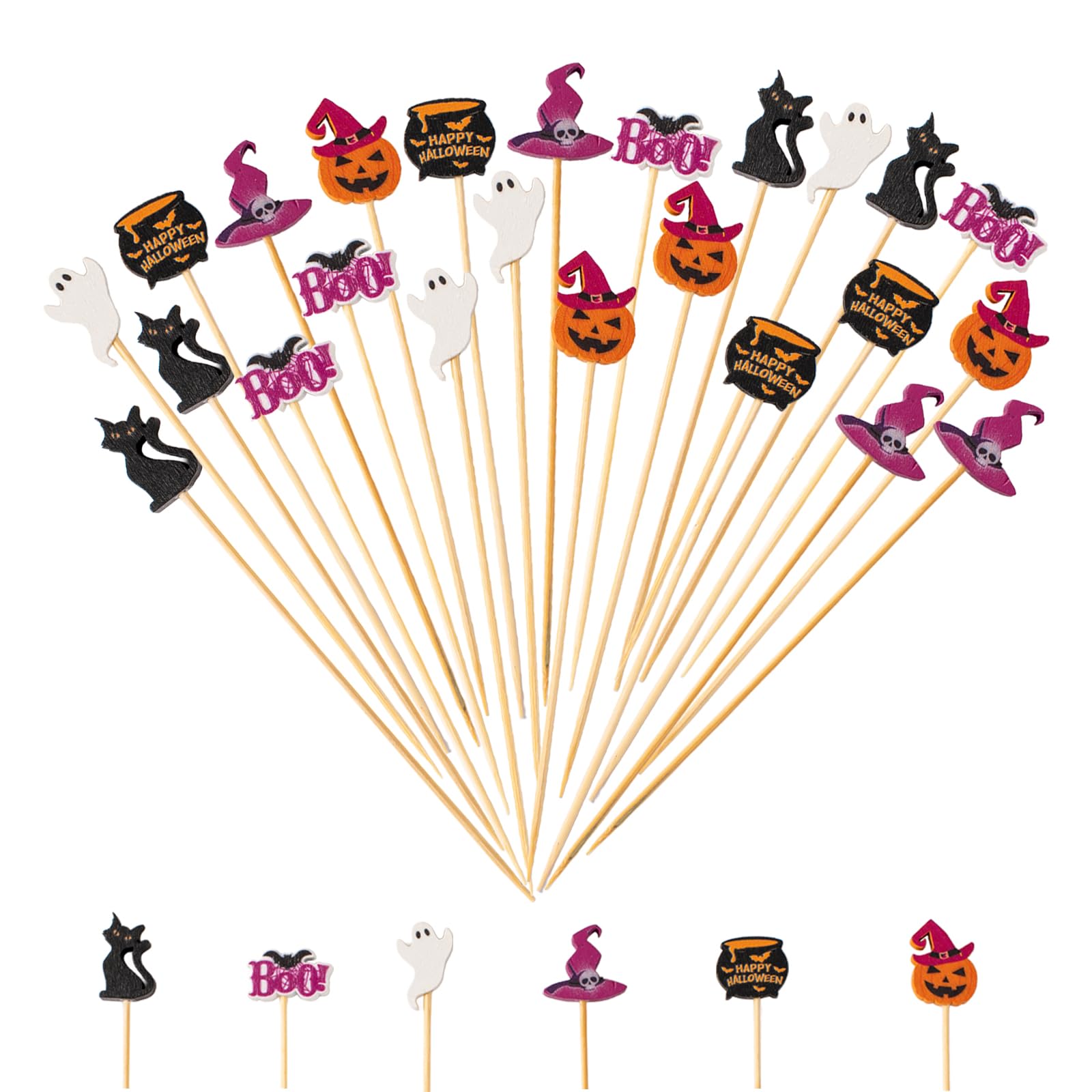 Halloween Cocktail Picks Set – 240Pcs Bamboo Party Toothpicks with Ghost, Pumpkin & Bat Designs for Snacks, Fruits & Appetizers