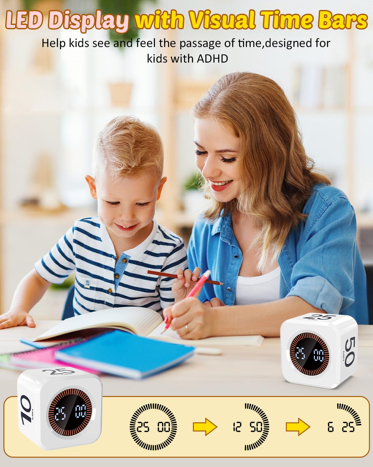 Kids-Friendly Flip Cube Pomodoro Timer with Visual LED Time Bars, Silent Mode & USB-C Rechargeable – White
