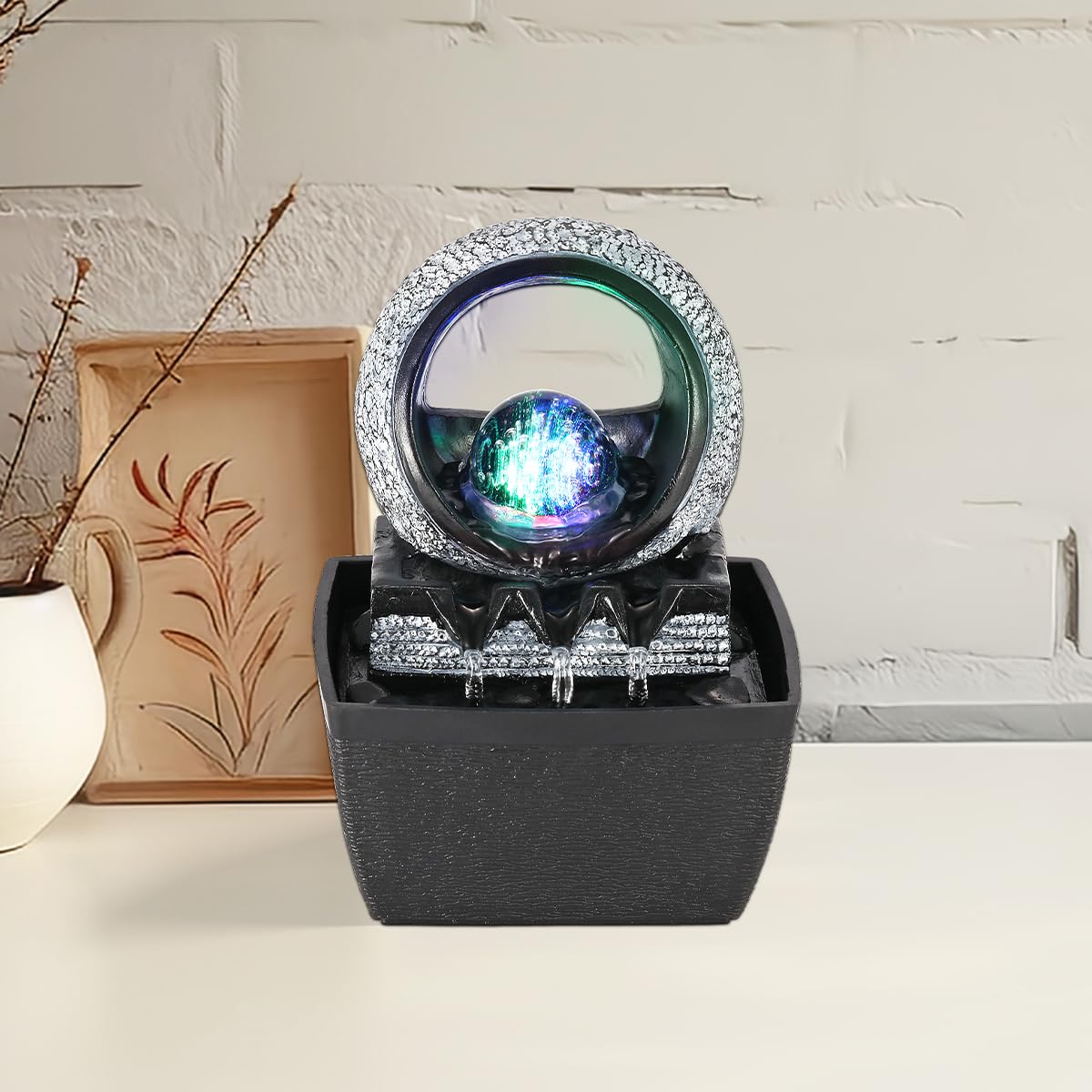 LED Rolling Ball Tabletop Water Fountain – Adjustable 3-Level Indoor Zen Decor (Painted Resin)