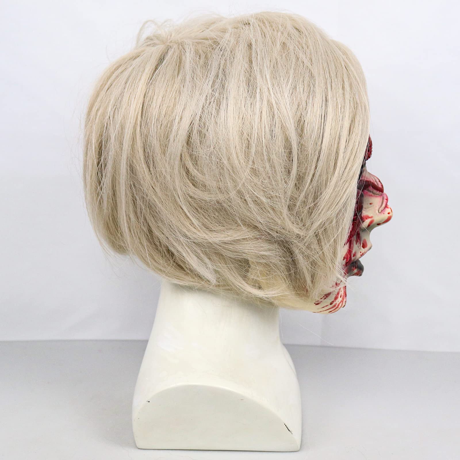 Scary Demon Woman Mask – White Horror Halloween Mask with Silver Hair & Bloody Eye Worm Design (Adult Size)