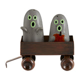 Ghost Glow Salt & Pepper Shaker Set – Hand-Painted Ceramic Ghosts with Glow-in-the-Dark Faces & Tin Wagon Caddy