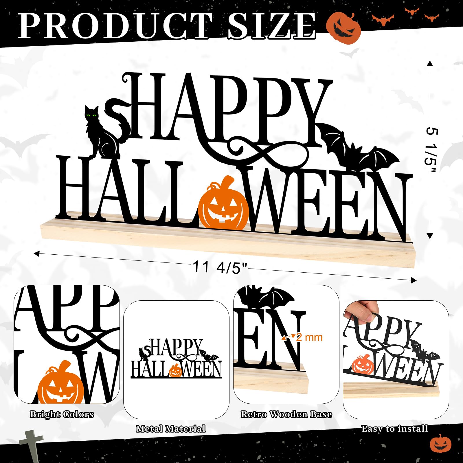 Metal Happy Halloween Table Sign – Black & Orange Desktop Decoration with Wooden Base (Multi-Color)