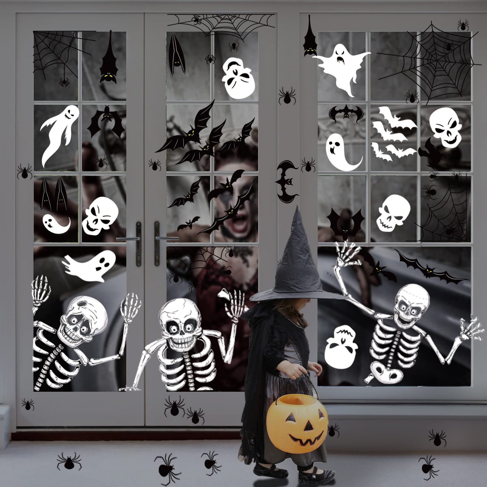 Double-Sided Halloween Window Clings – 8 Reusable PVC Sheets with Skeletons, Ghosts & Pumpkins