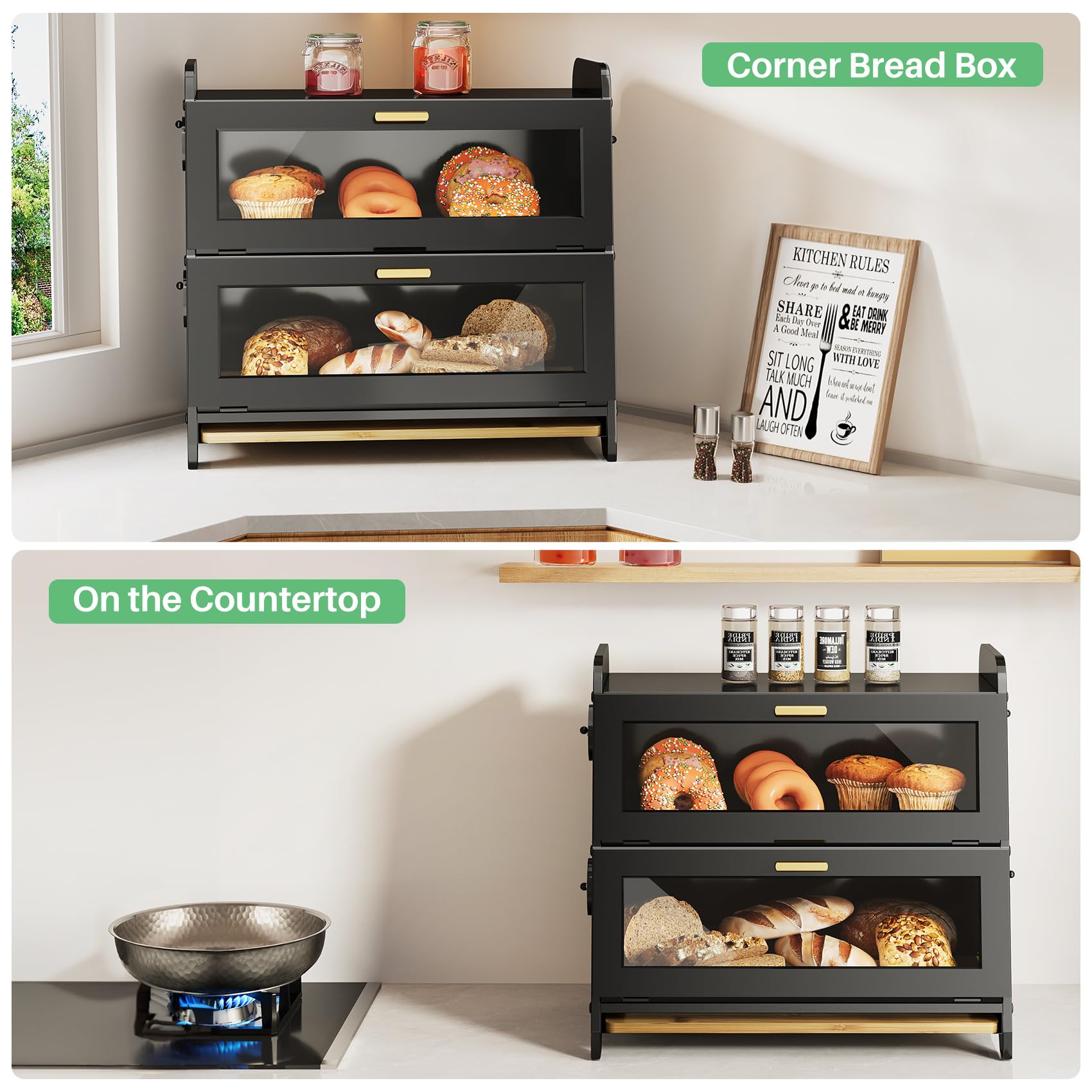 Large 2-Tier Bread Box with Adjustable Ventilation – Magnetic Door Bamboo Tray Bread Storage (Black)