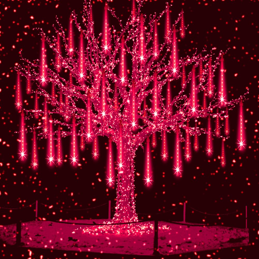 Red LED Meteor Shower Lights – 192 LEDs, 8 Tubes, Waterproof Cascading Icicle Lights for Halloween & Christmas