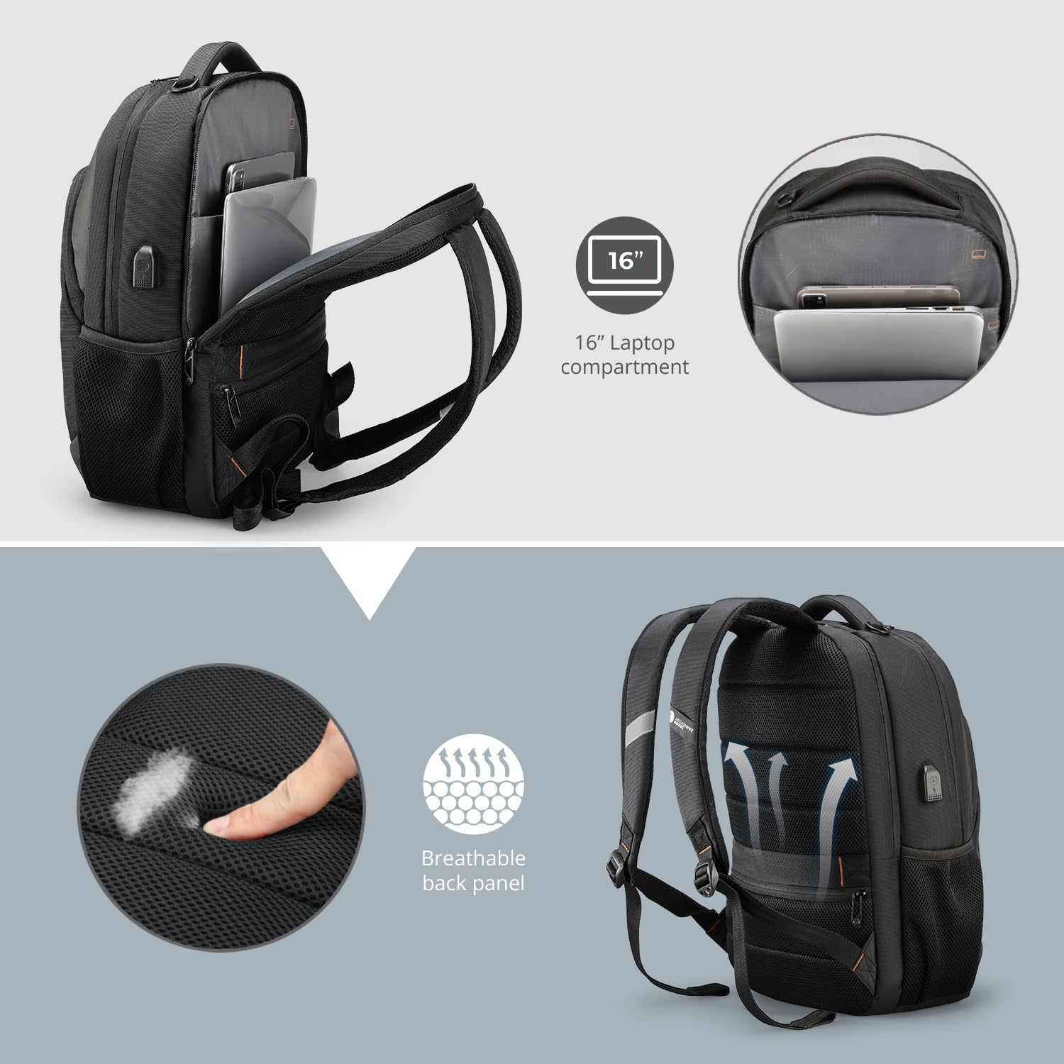 Design Travel Laptop Backpack with RFID Protection & USB Charging – 16″ College & Business Backpack (Black)