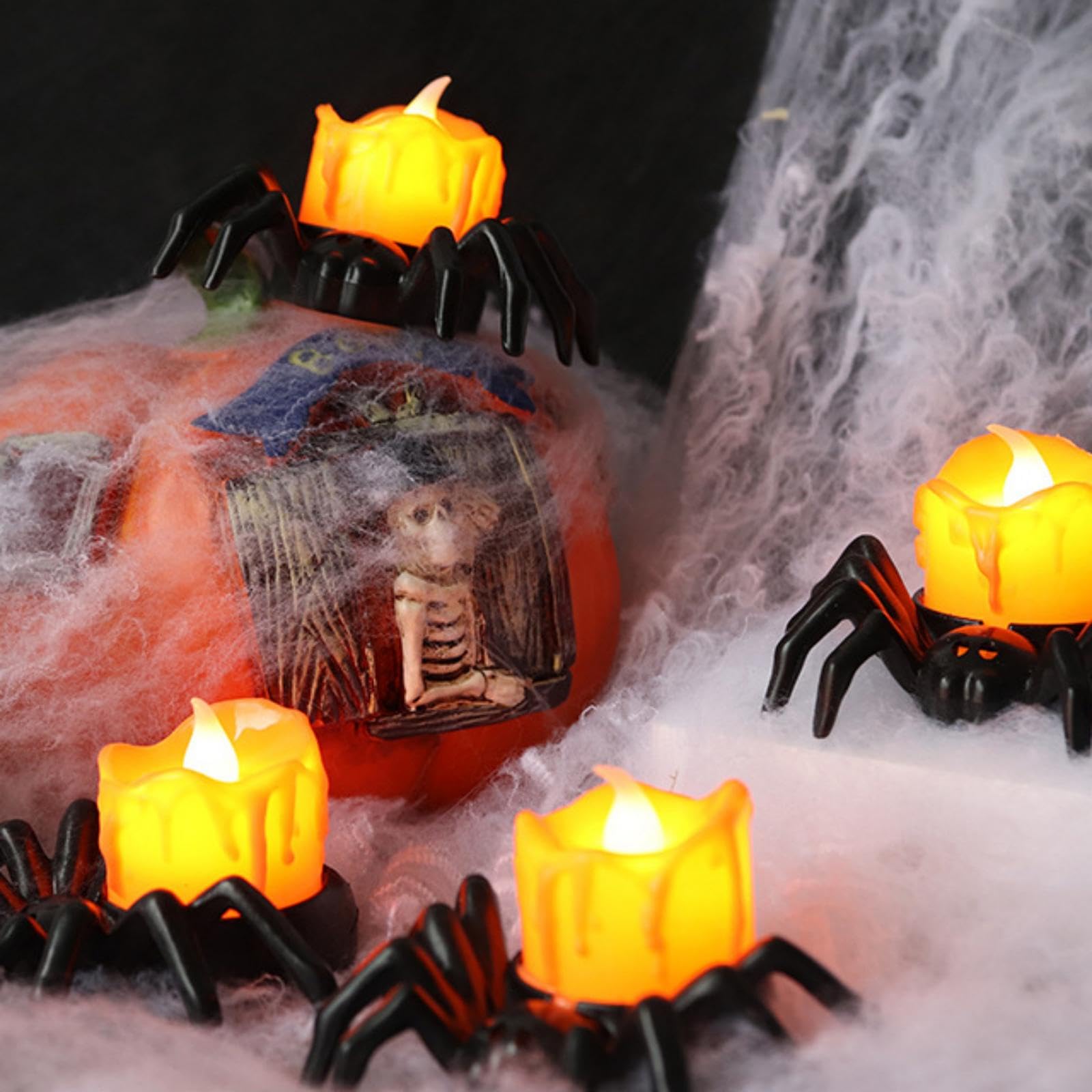 Flameless Halloween Spider Tealight Candles – 6 Black Spiders with Orange LED Lights for Creepy Party Decor