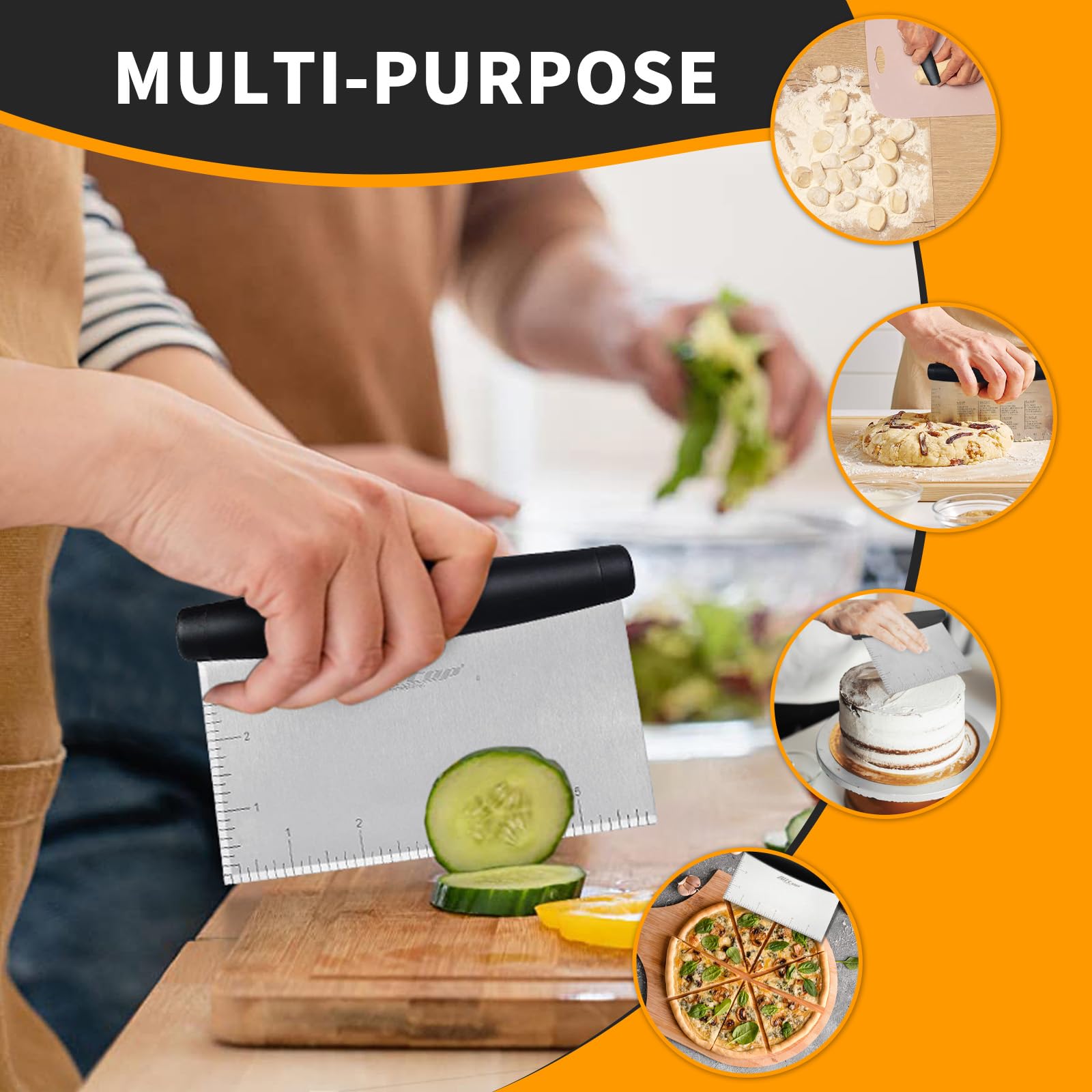 Stainless Steel Bench Scraper with Measurement Marks – Ergonomic Dough & Pastry Cutter