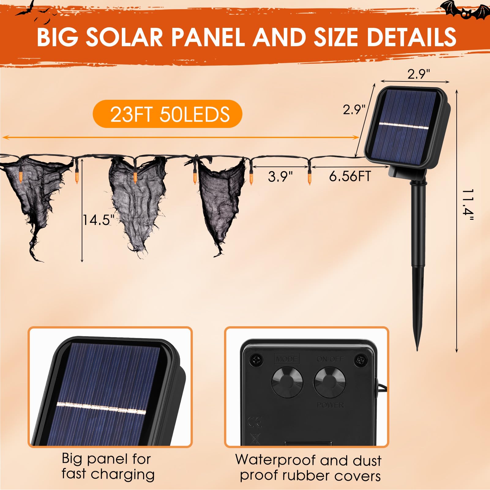 Halloween Solar Lights Outdoor – Black Cheesecloth with Orange LED Fairy Lights (23FT, 8 Modes, IP65 Waterproof)