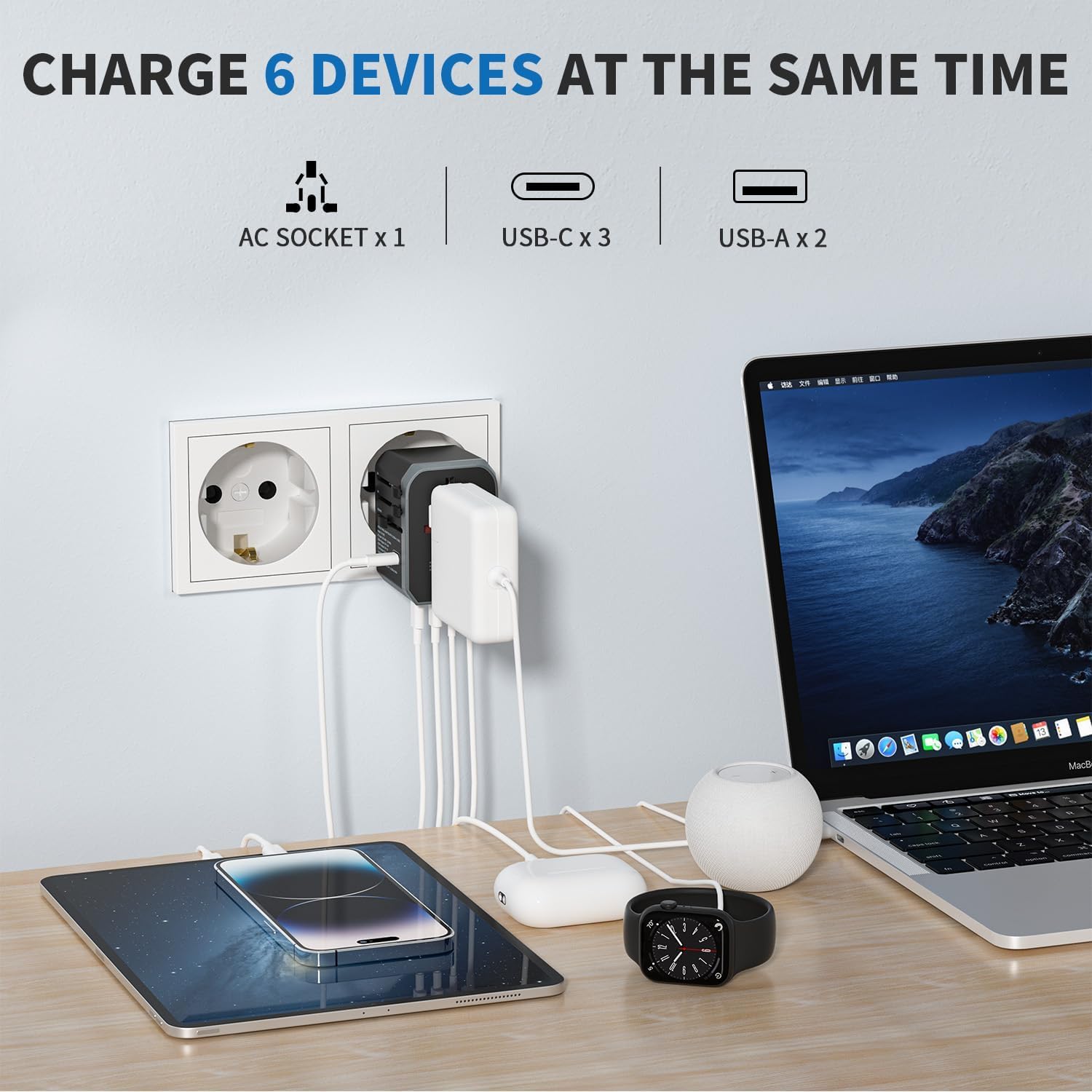 EPICKA Universal Travel Adapter – Worldwide Plug Adapter with 3 USB-C & 2 USB-A Ports (Black)