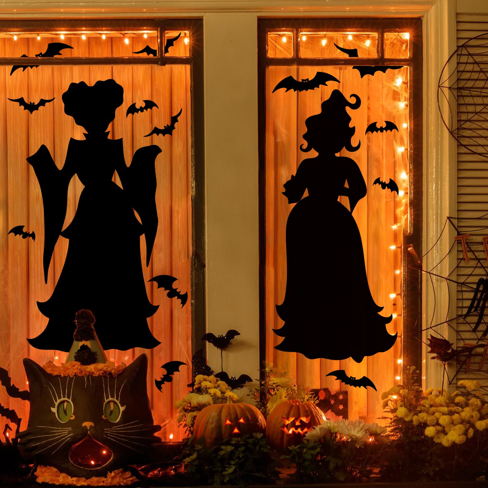 Halloween Window Clings – Extra Large Double-Sided Black Witch & Cat Stickers for Glass & Mirrors