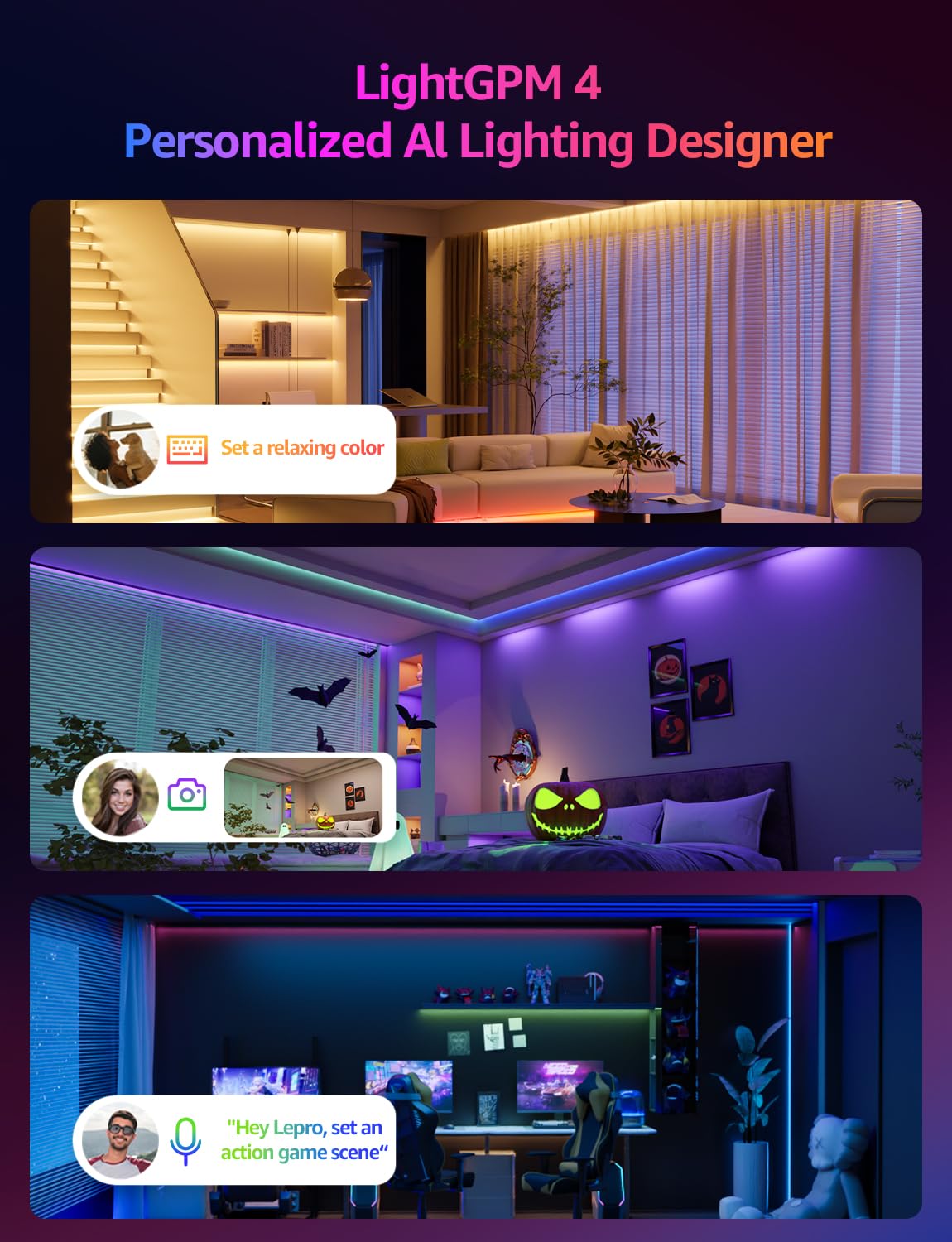 Lepro AI Smart RGB LED Strip Lights – 16M Colors WiFi Music Sync LightGPM Design Assistant