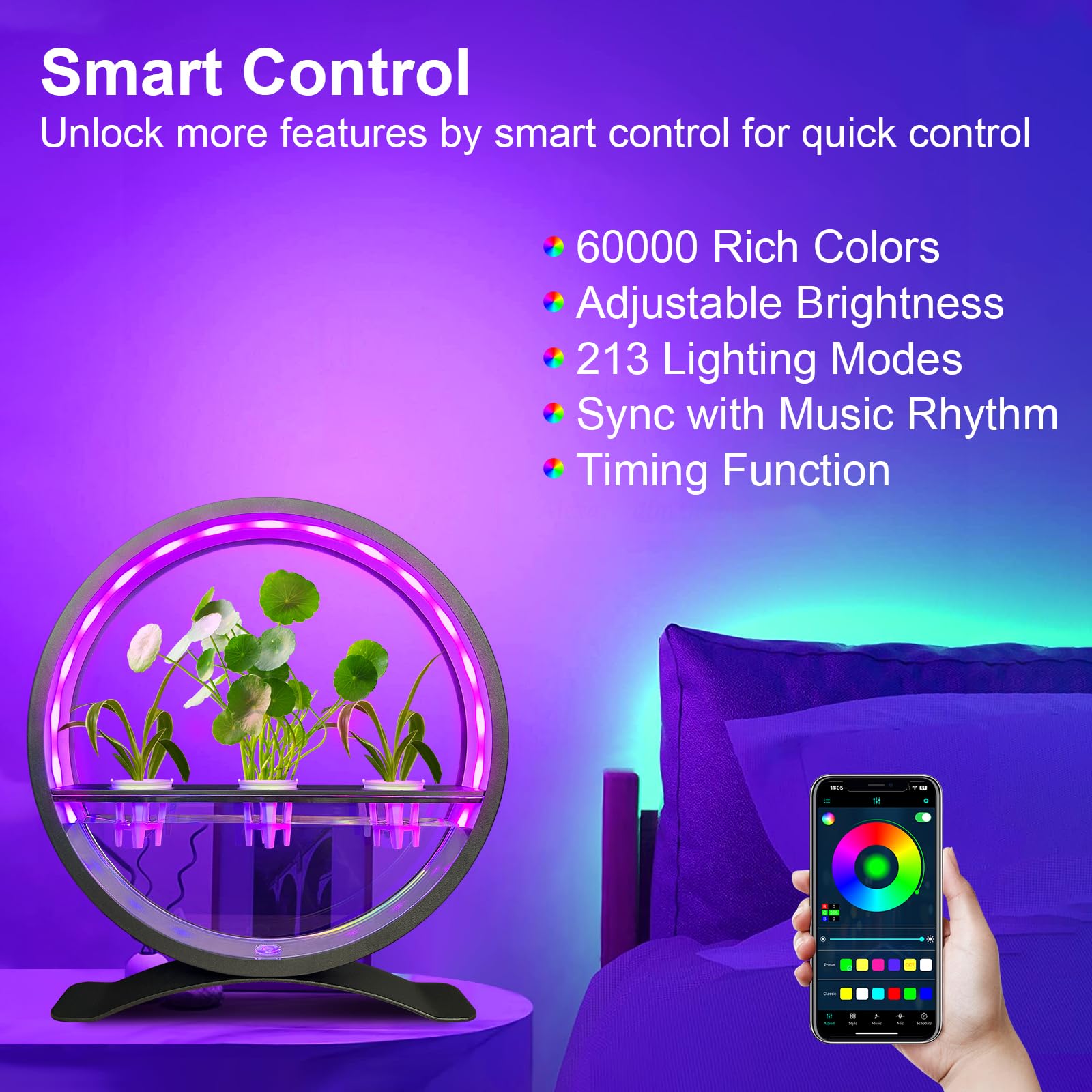 Smart RGB Plant Grow Light with Music Sync – Hydroponic Desk Garden Lamp with 60,000 Colors
