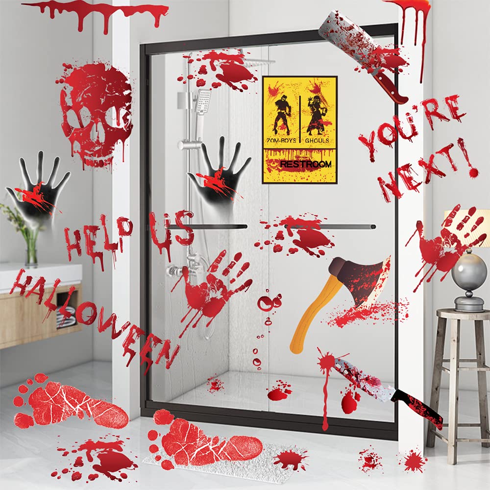 Bloody Handprint & Footprint Halloween Window Stickers – 84PCS Creepy Bathroom & Wall Decals (Color01, Reusable PVC)