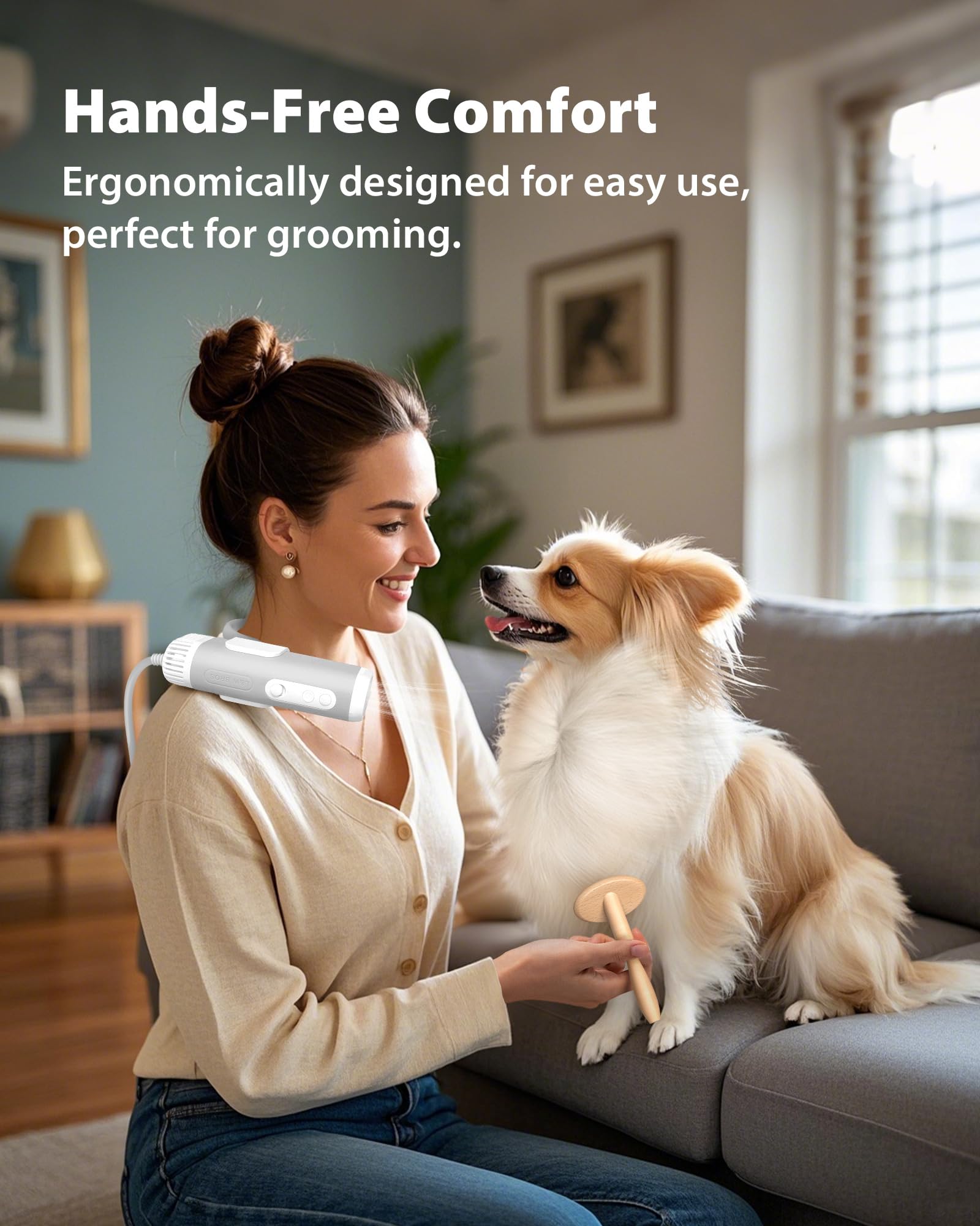 Hands-Free Pet Hair Dryer with Neck Strap, High-Speed Airflow, Negative Ion Technology, and Adjustable Heat and Speed Settings for Dogs and Cats