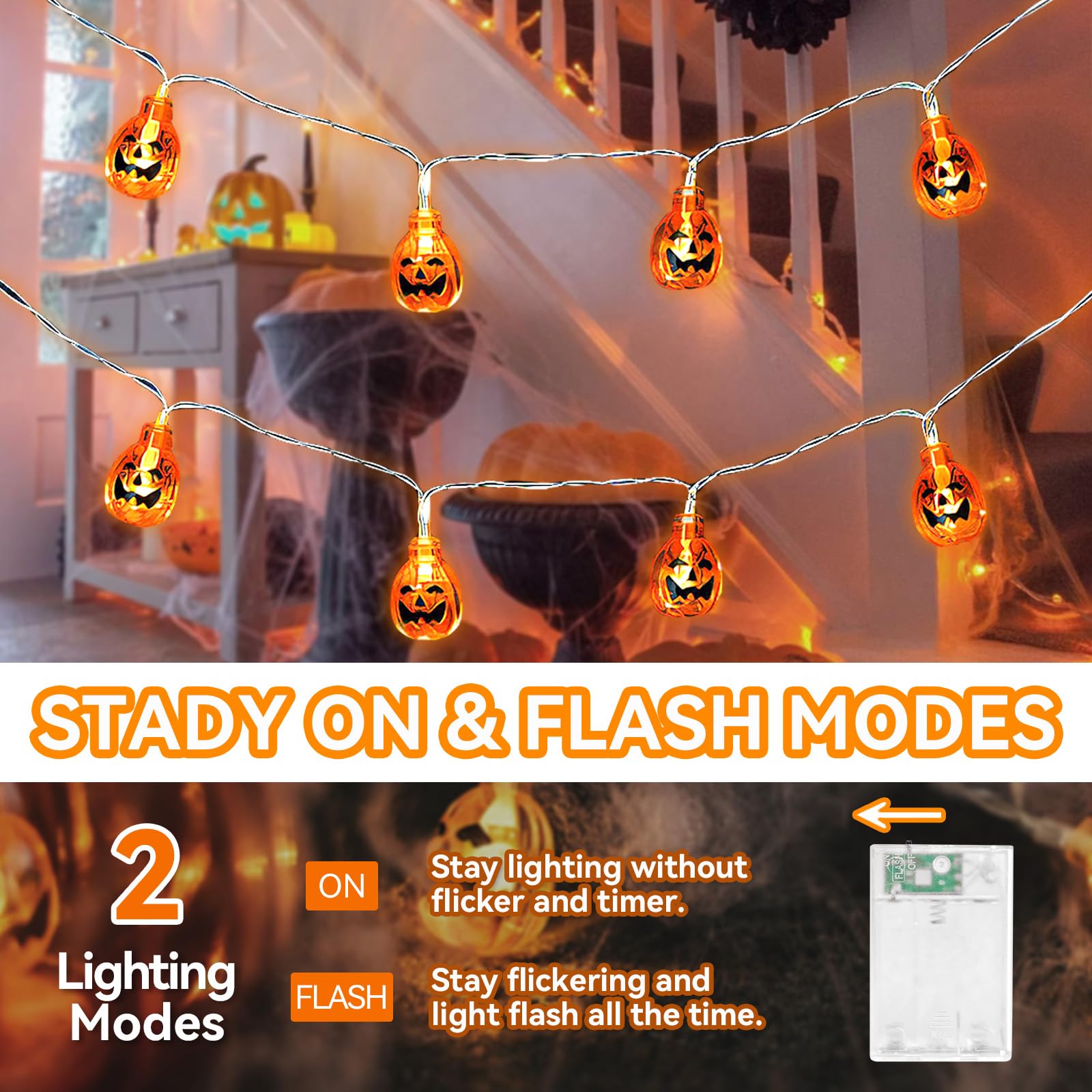Smiley Pumpkin String Lights – 20 LED Warm Yellow Battery-Operated Waterproof Halloween Fairy Lights (Indoor & Outdoor Décor)