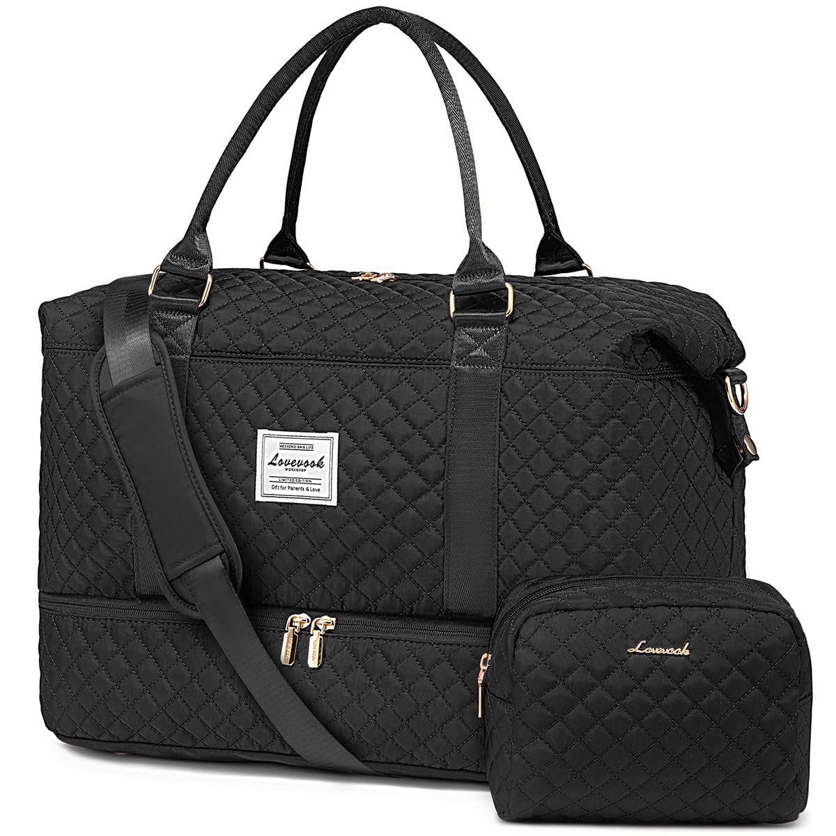 LOVEVOOK Women’s Travel Duffle Bag – Carry-On Weekender with Shoe Compartment, Wet Pocket & Toiletry Bag (Black)