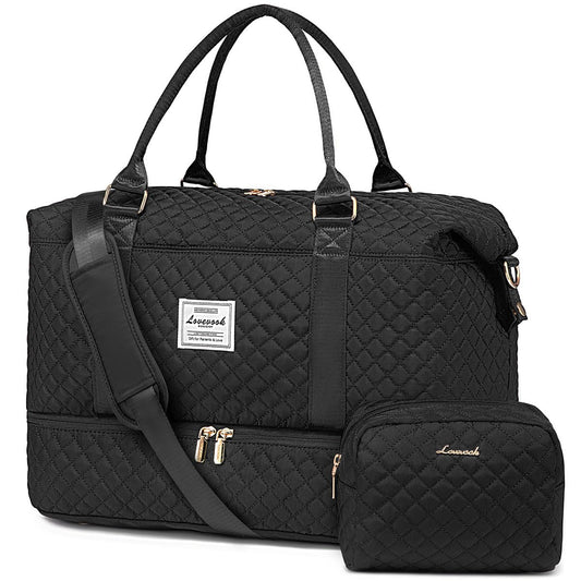 LOVEVOOK Women’s Travel Duffle Bag – Carry-On Weekender with Shoe Compartment, Wet Pocket & Toiletry Bag (Black)