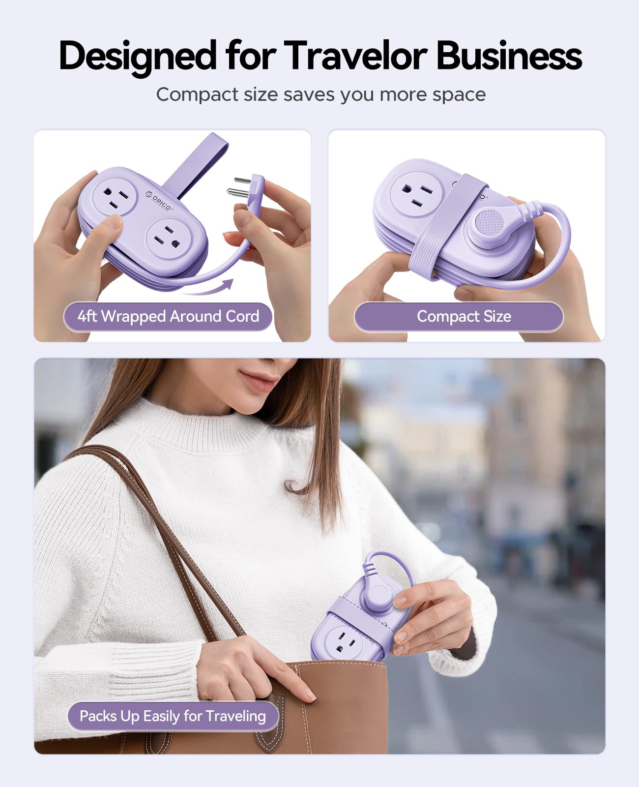 7-in-1 Travel Power Strip with USB-C – Portable Extension Cord with 4 AC Outlets & Flat Plug