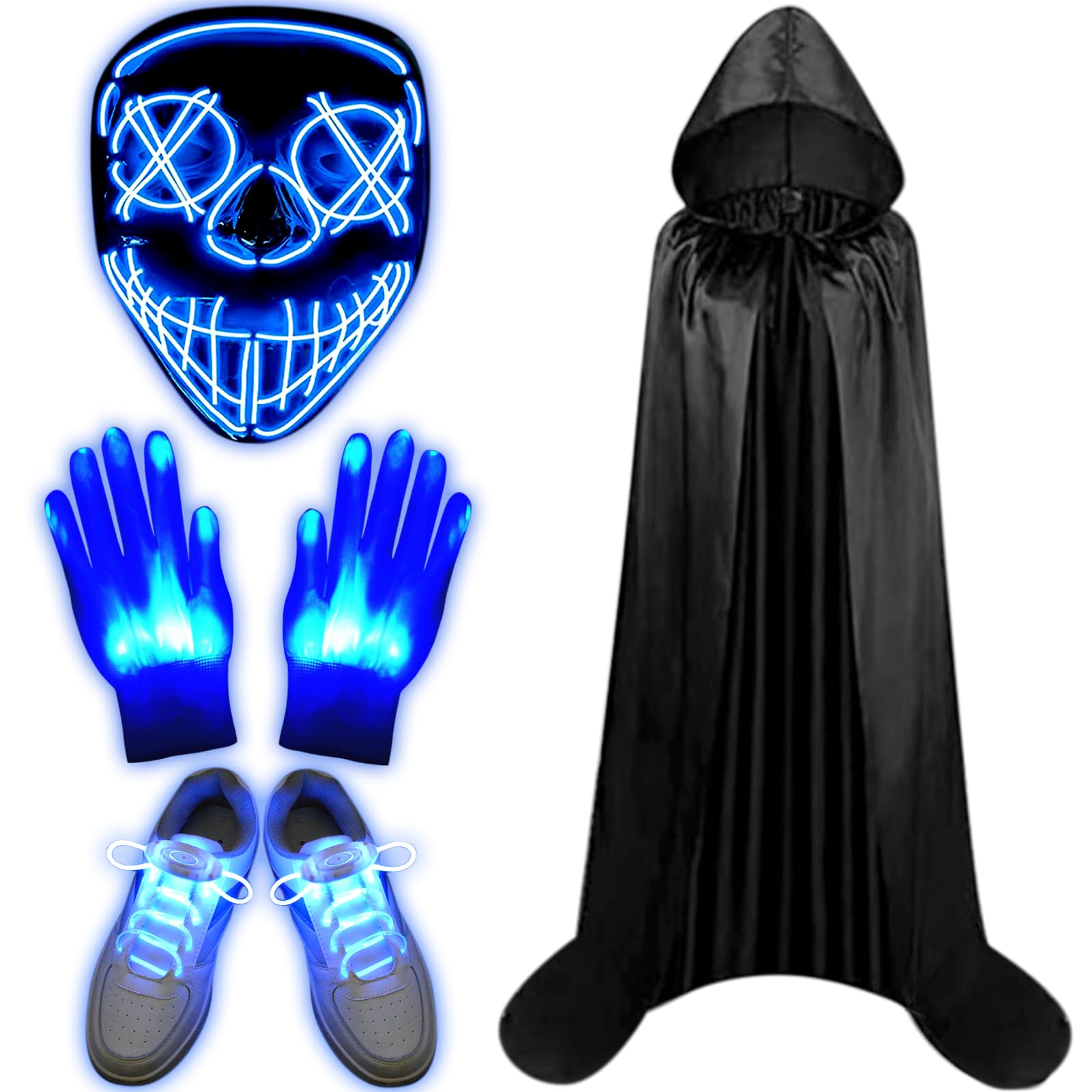 Halloween LED Light-Up Costume Set – Blue Purge Skeleton Mask, Glow Gloves, Shoelaces & Hooded Cloak for Kids & Adults