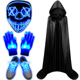 Halloween LED Light-Up Costume Set – Blue Purge Skeleton Mask, Glow Gloves, Shoelaces & Hooded Cloak for Kids & Adults