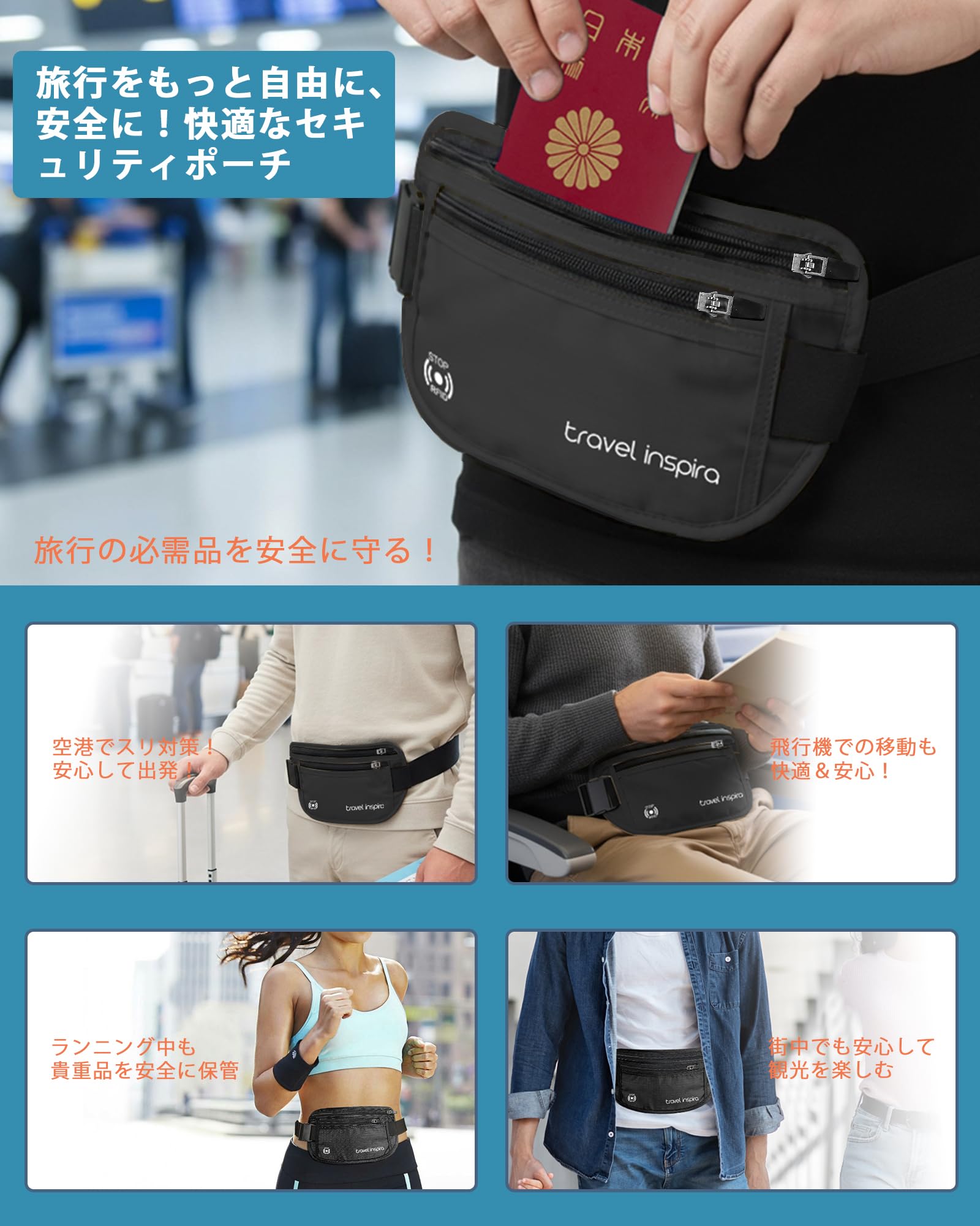 Travel Inspira XL RFID Travel Money Belt – Expanded Anti-Theft Hidden Pouch with Secure Zip (Black)