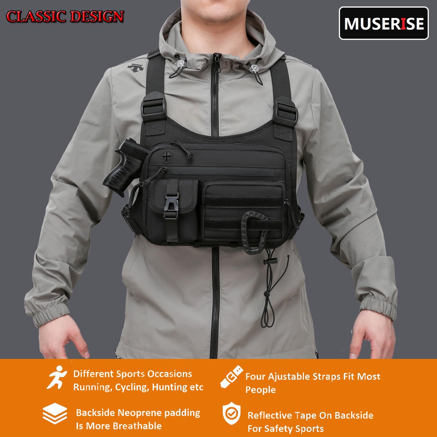 MUSERISE Tactical Chest Bag Vest – Lightweight EDC Chest Pack for Running, Cycling & Outdoor Workouts (Black)